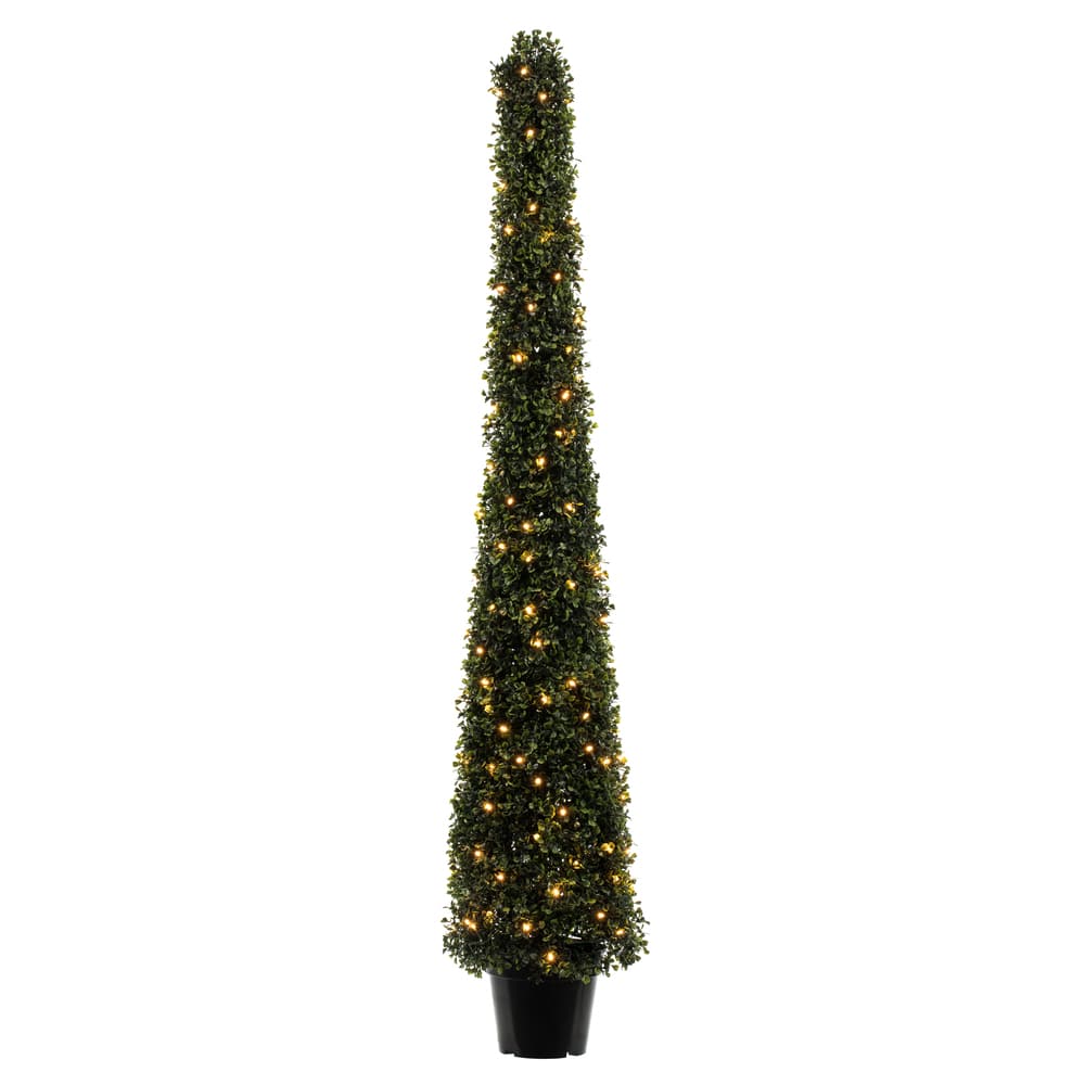 5ft. Pre-Lit Potted Boxwood Cone