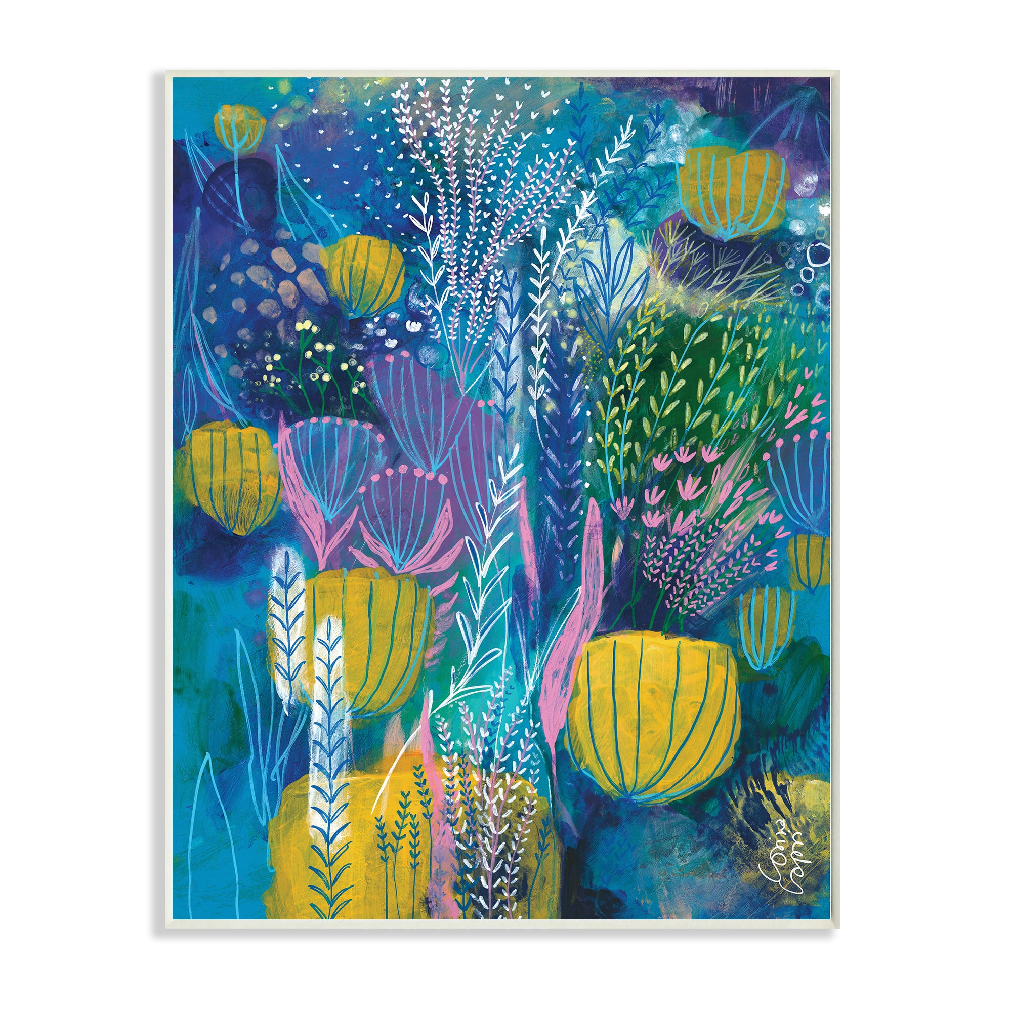 Stupell Industries Field of Abstract Florals Blue Green Yellow Wall Plaque
