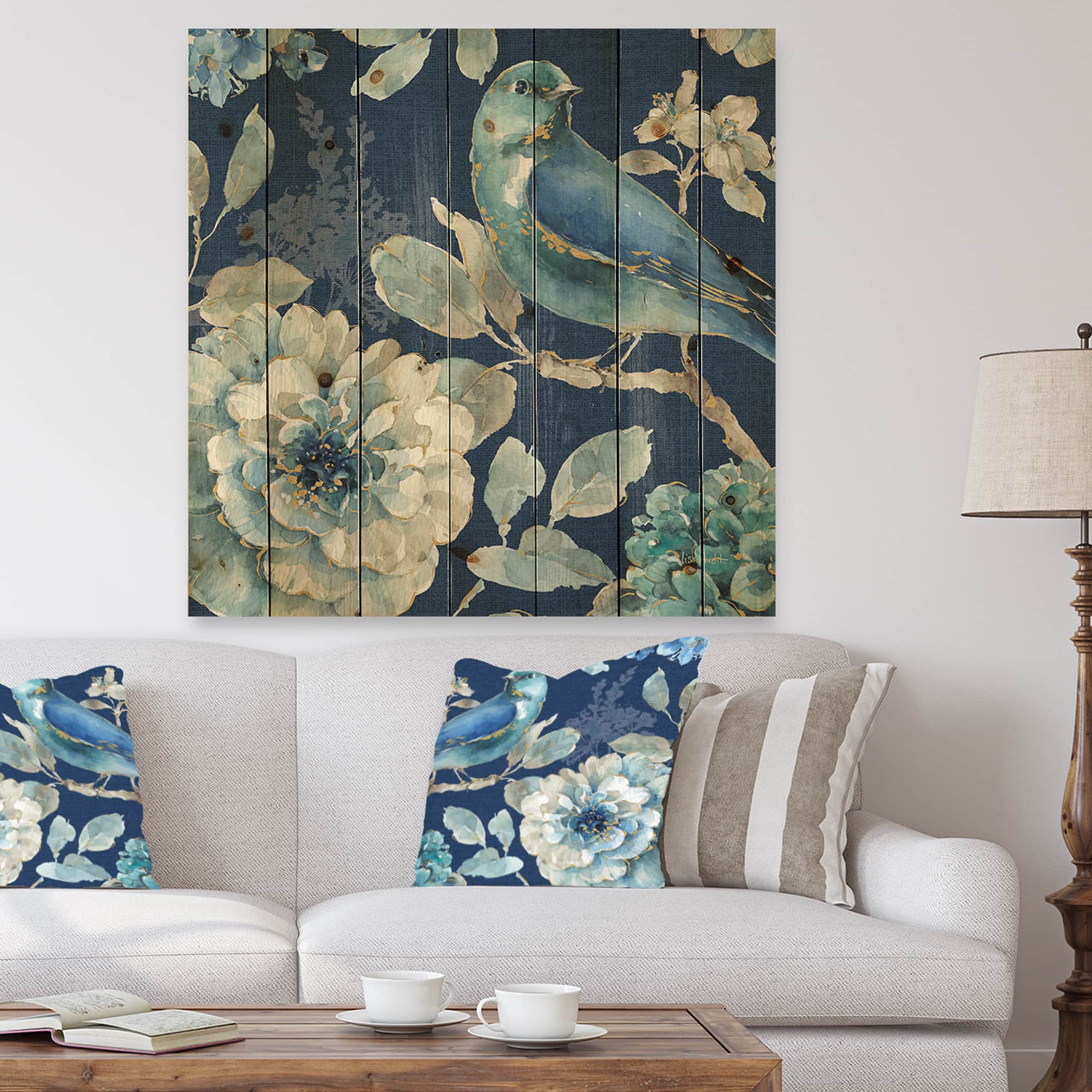 Designart Indigold Bird Cottage Family III Farmhouse Print On Natural Pine Wood