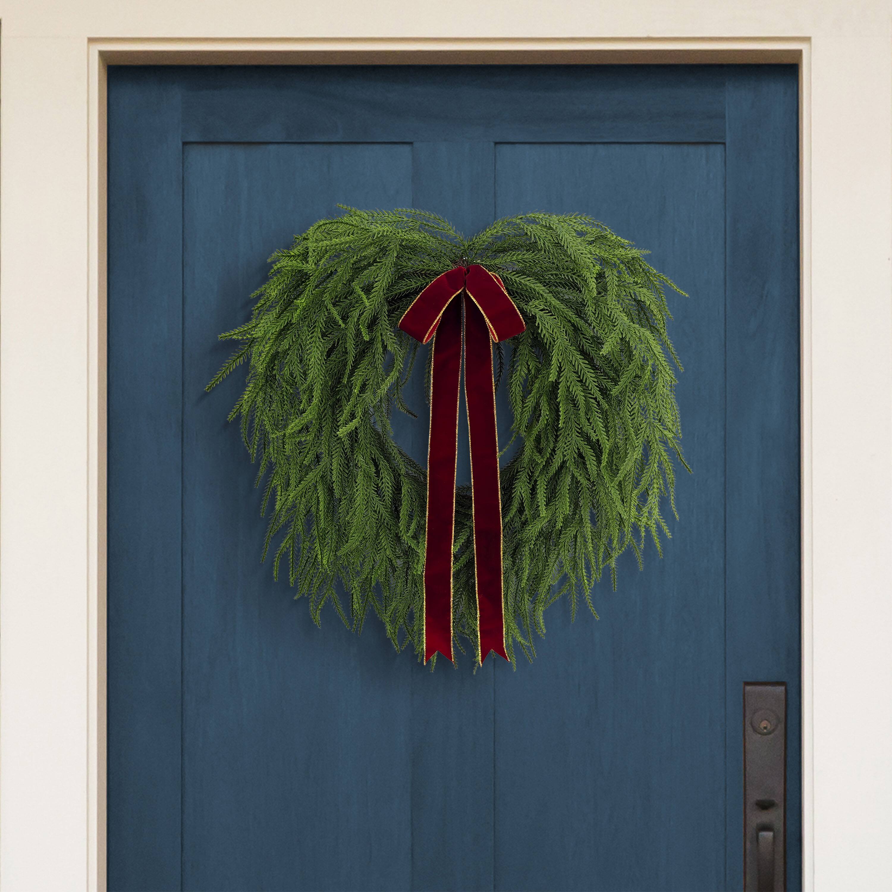 22" Green Artificial Norfolk Pine Christmas Wreath with Bow