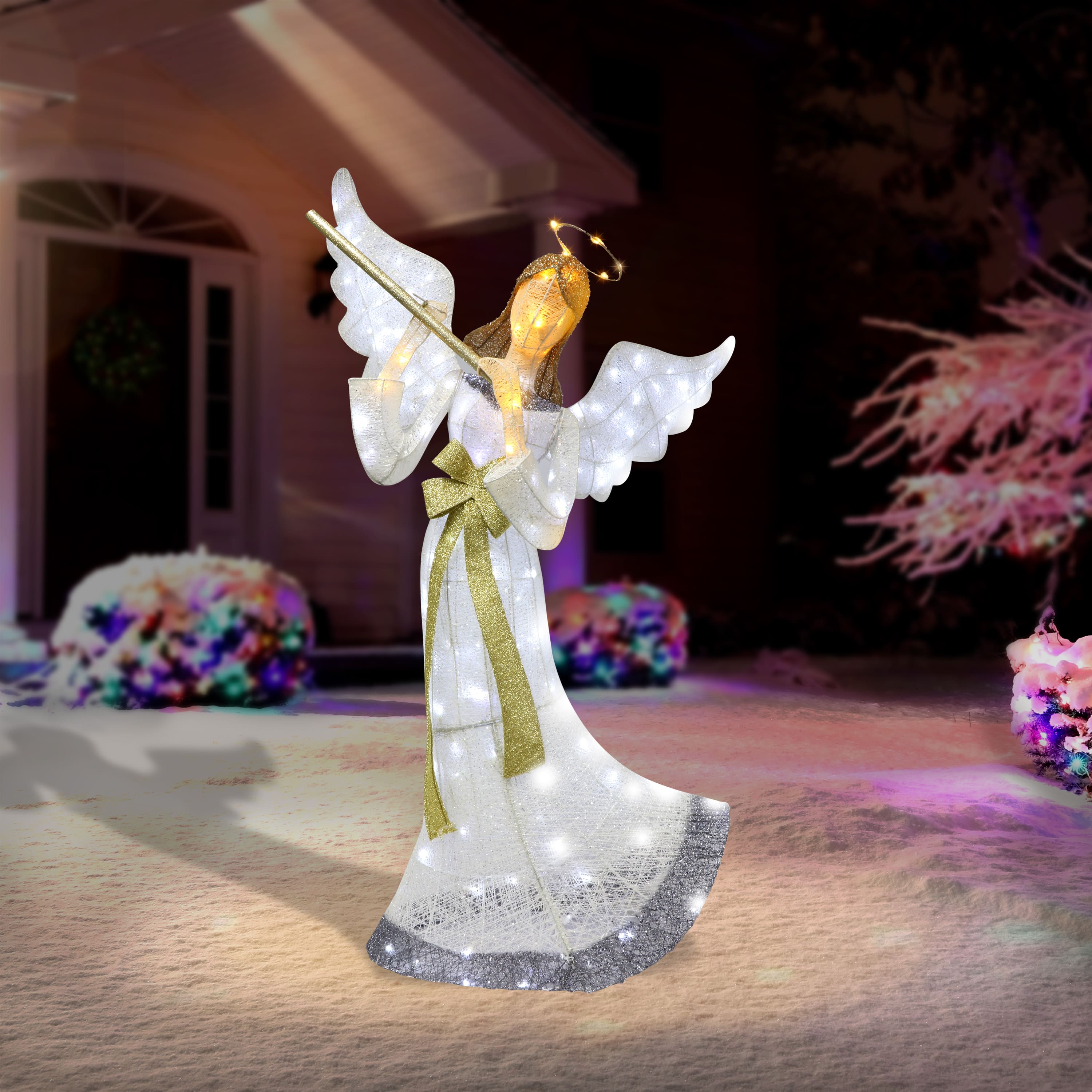 6 Pack: 70" Champagne & Gold Outdoor Lighted Angel With Flute, Clear LED Lights