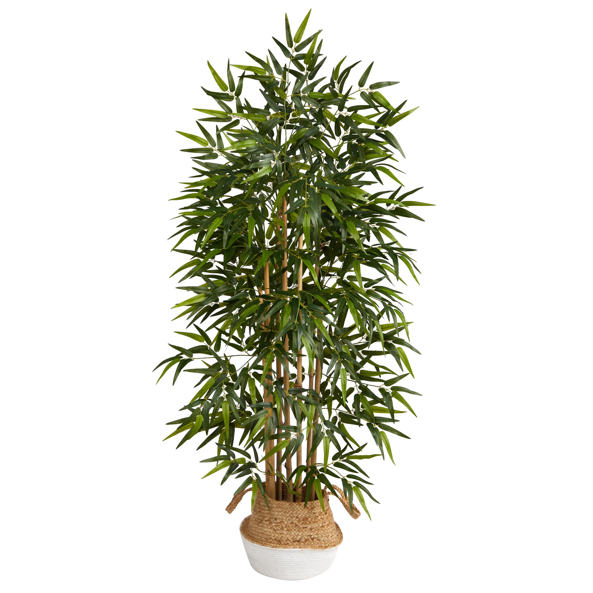 64" Bamboo Artificial Tree with Natural Bamboo Trunks in Boho Chic Handmade Cotton & Jute White Woven Planter