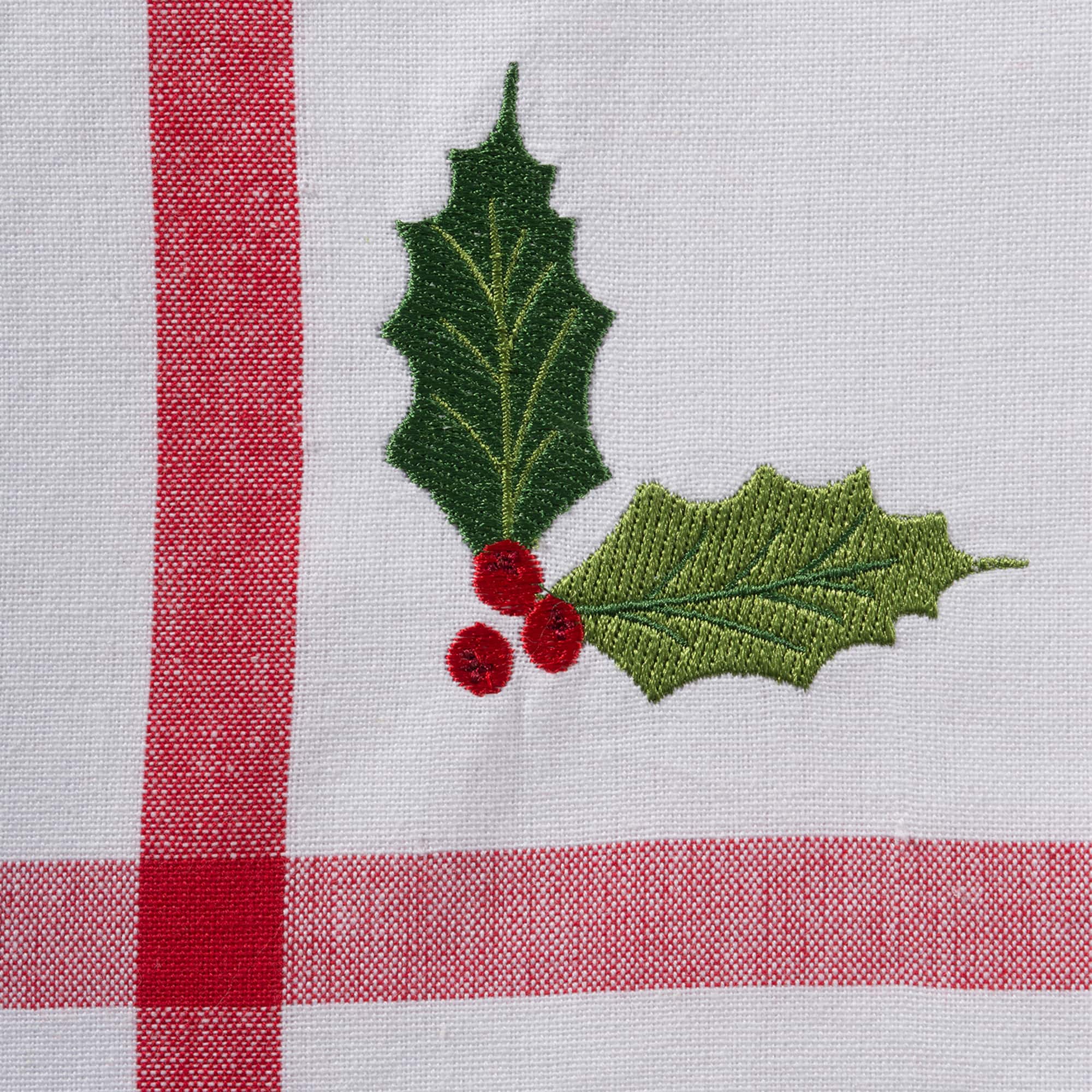DII® Red & White Stripe Holly & Mistletoe Holiday Embroidered Dishtowel Set