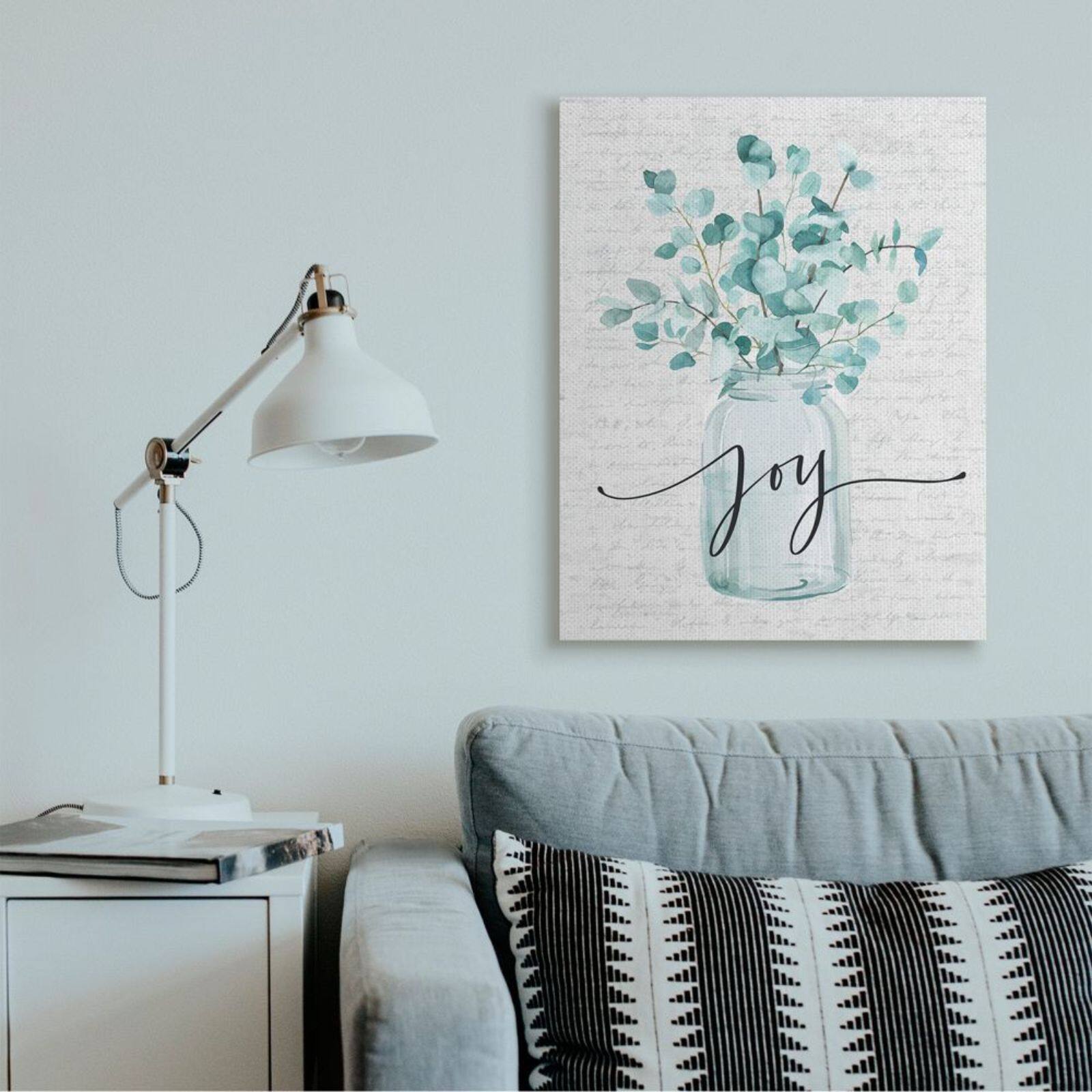 Stupell Industries Aqua Blue Plant Leaves In Joy Jar Canvas Wall Art