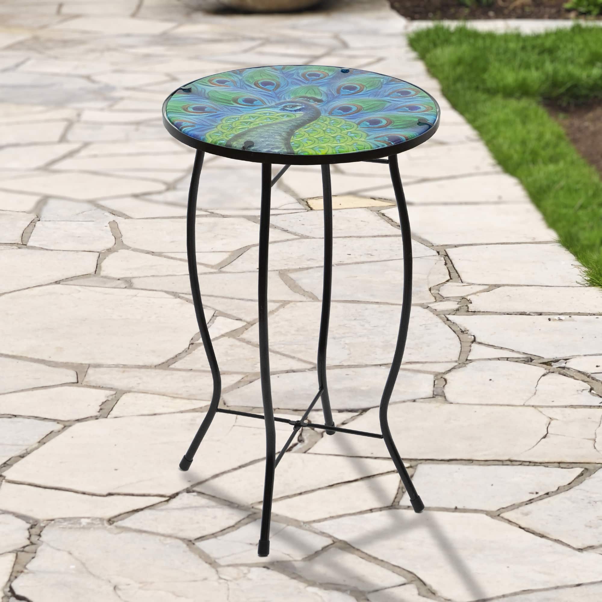 19" Blue & Green Peacock Glass Patio Side Table