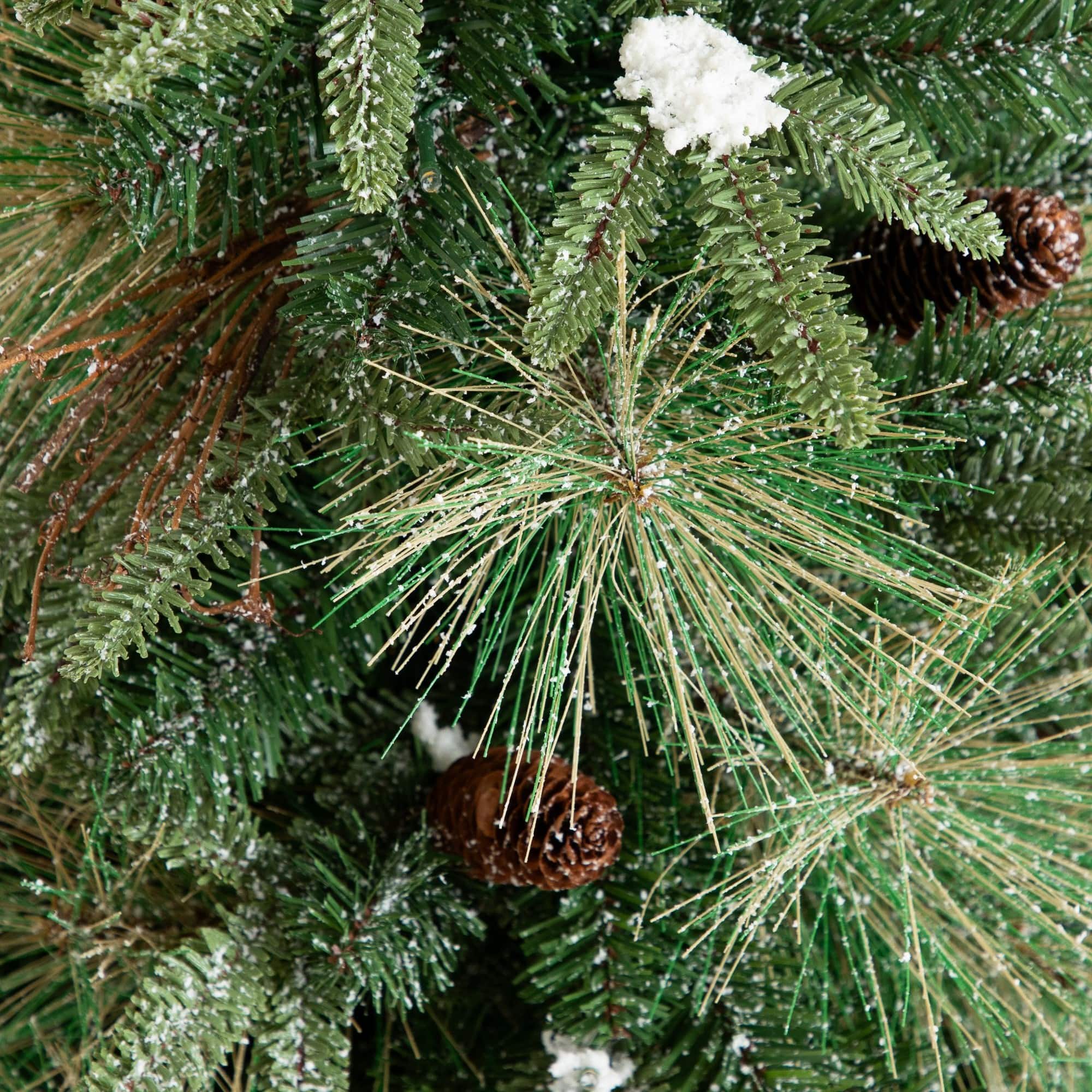 Nearly Natural 3ft. Pre-Lit Artificial Snowed Mixed Pine & Pinecone Christmas Tree in Gold Decorative Planter, Warm White LED lights