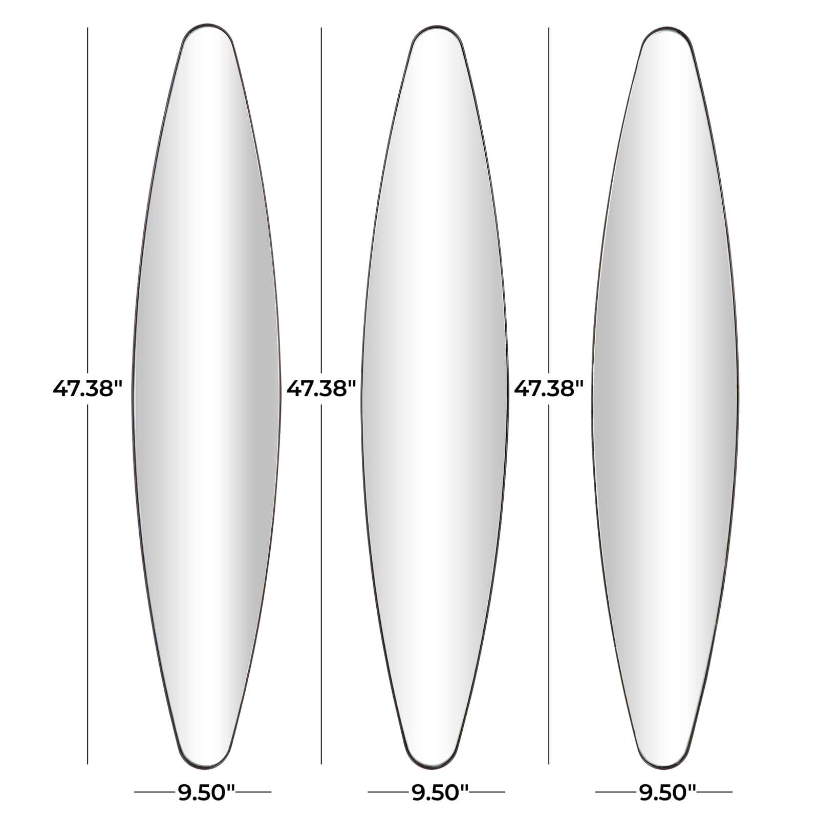10" x 47" Black Metal  Elongated Oval Wall Mirror Set