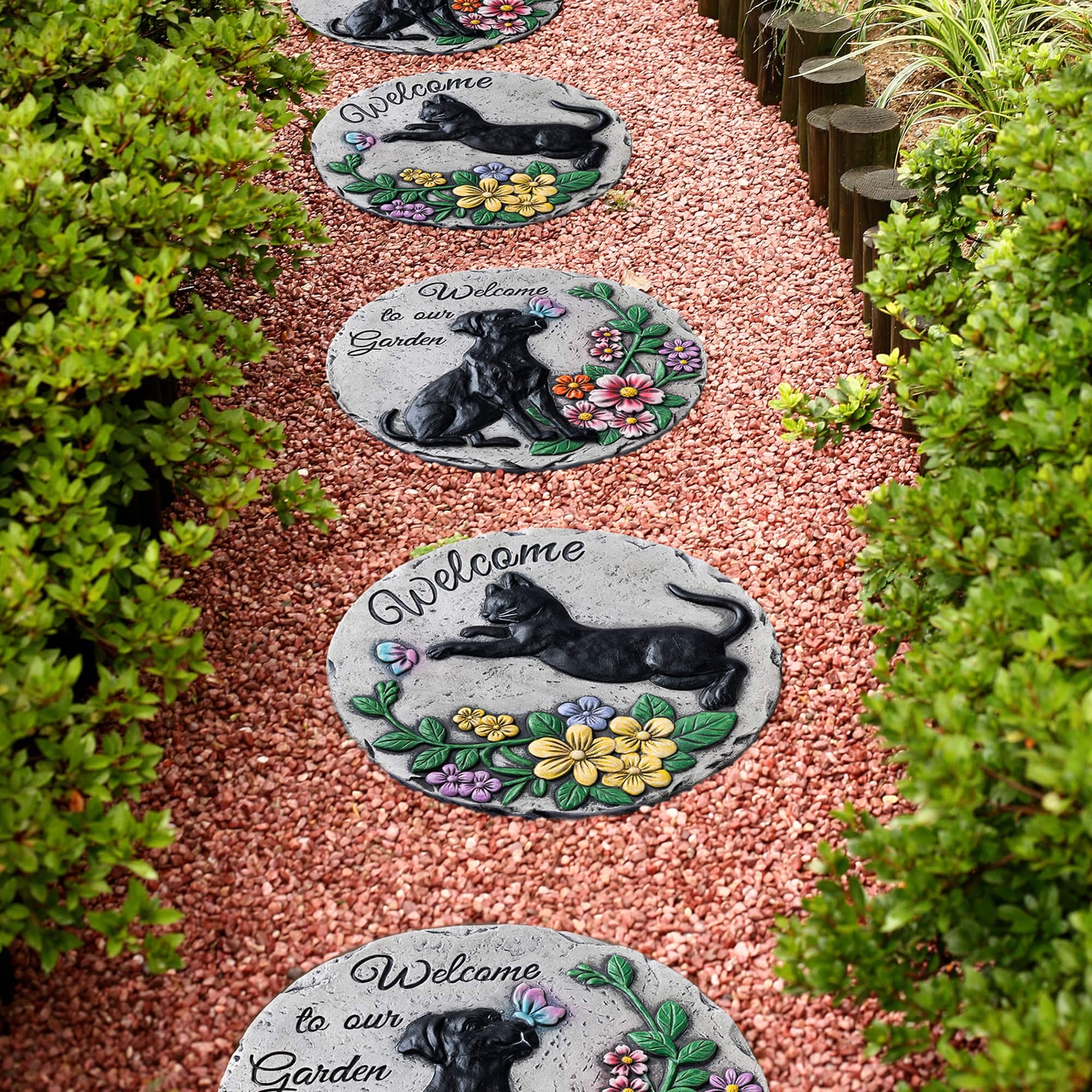 Glitzhome® 10" Set of 2 Cement Cat and Dog Textured Stepping Stones
