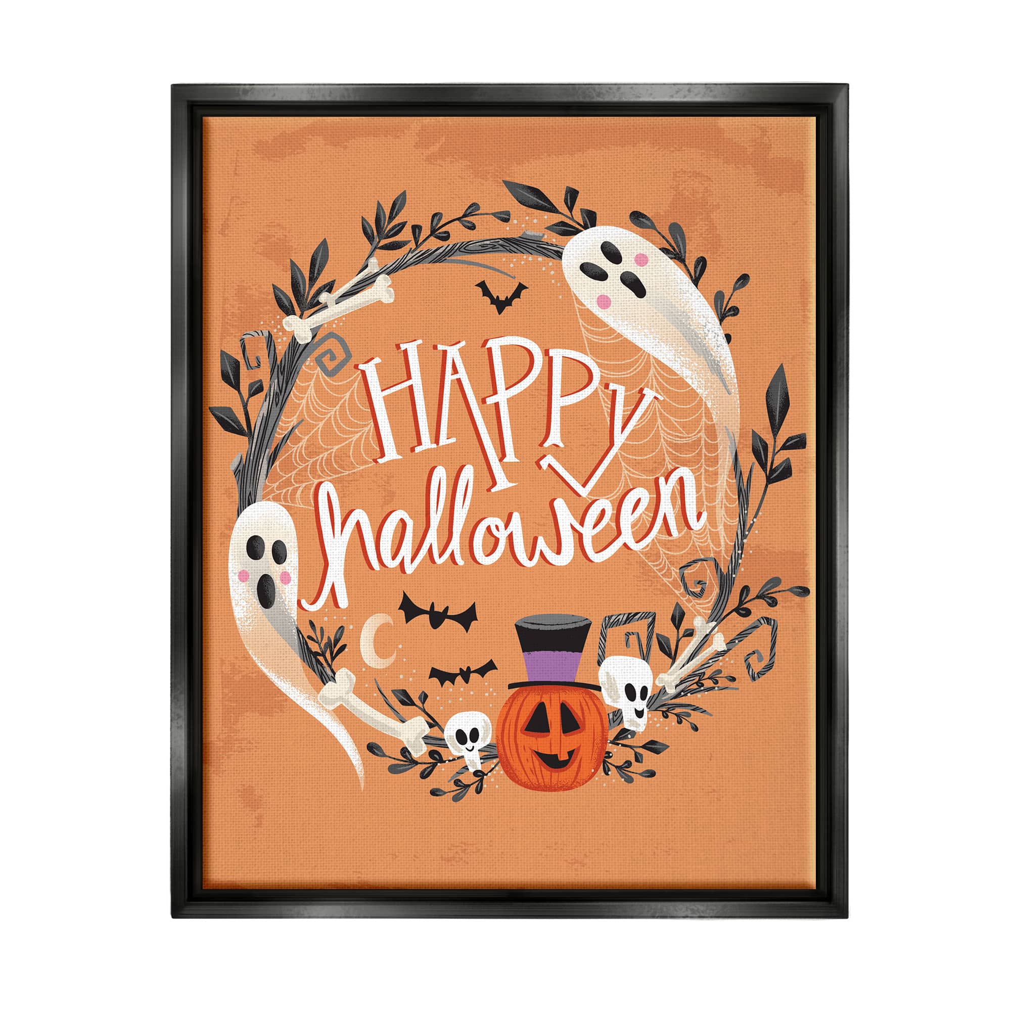Stupell Industries Happy Haunts Halloween Wreath Framed Floater Canvas Wall Art