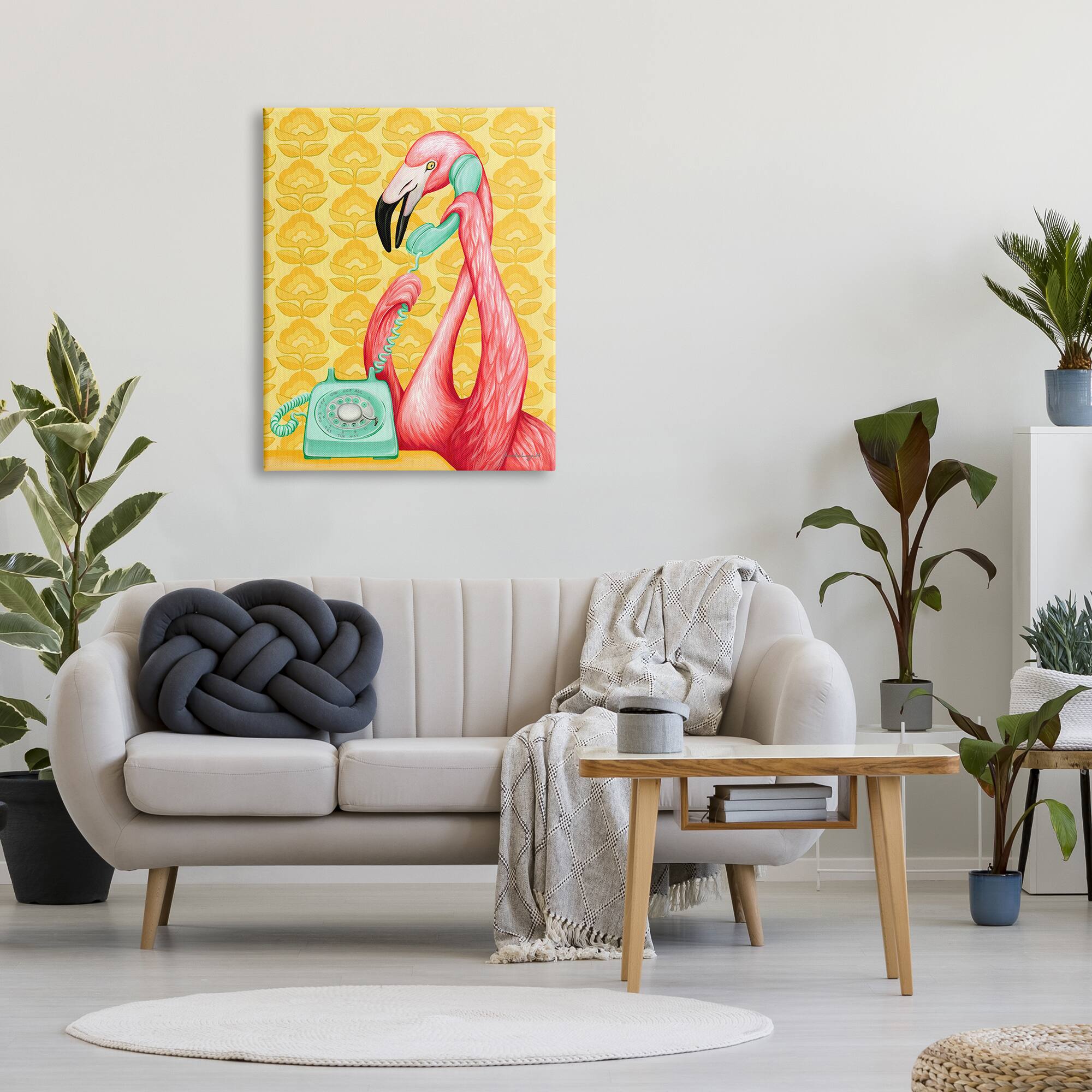 Stupell Industries Flamingo Calling Dial Telephone Groovy Flowers Canvas Wall Art