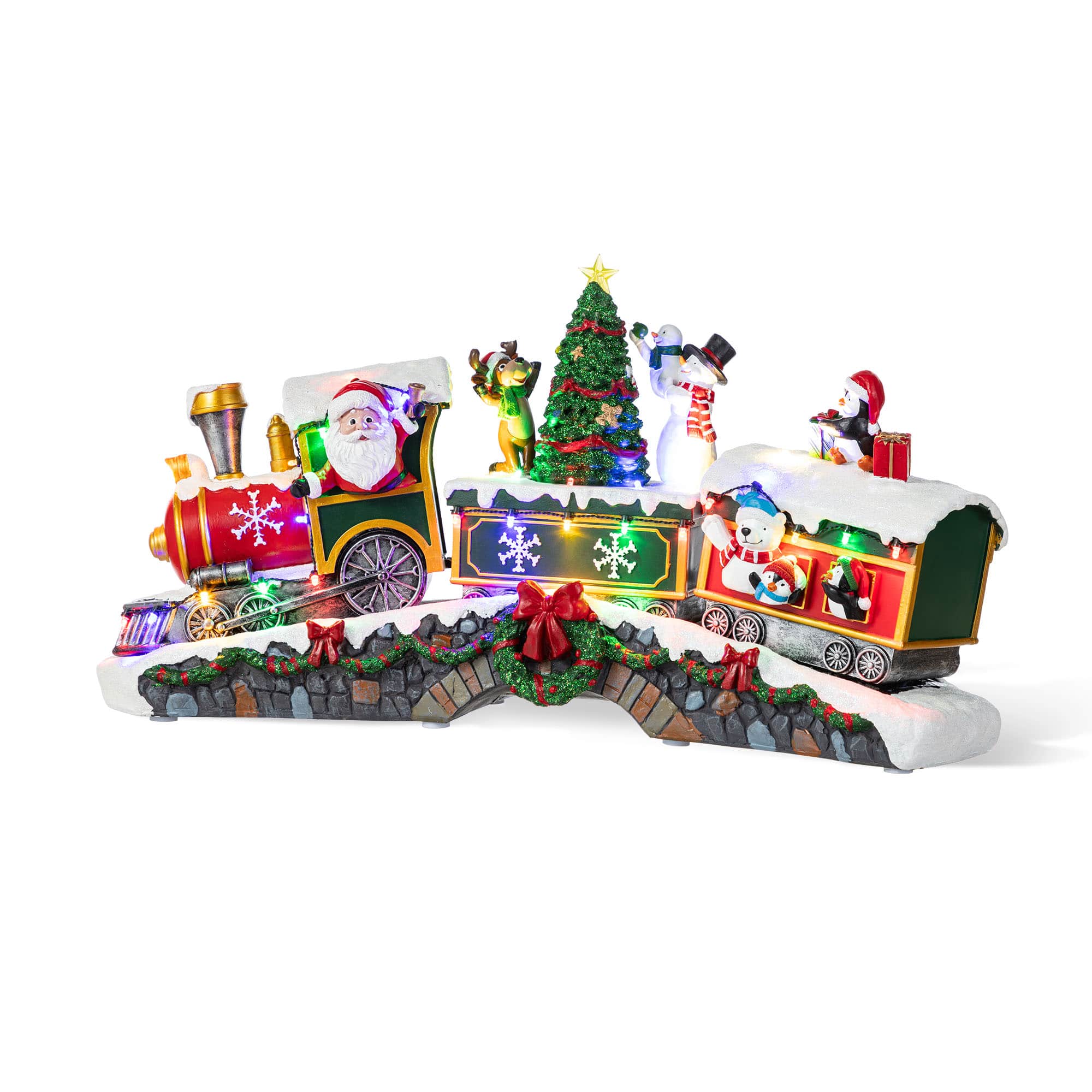 Glitzhome® 20" Lighted Christmas Santa Train Resin Village with Movement and Music