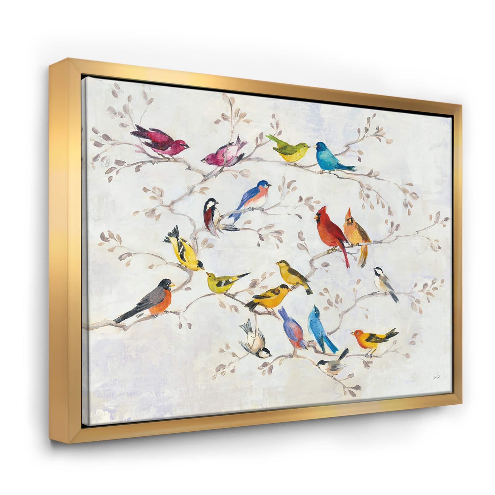 Designart - Multi-Color Bird on Tree - Modern Farmhouse Canvas in Gold Frame