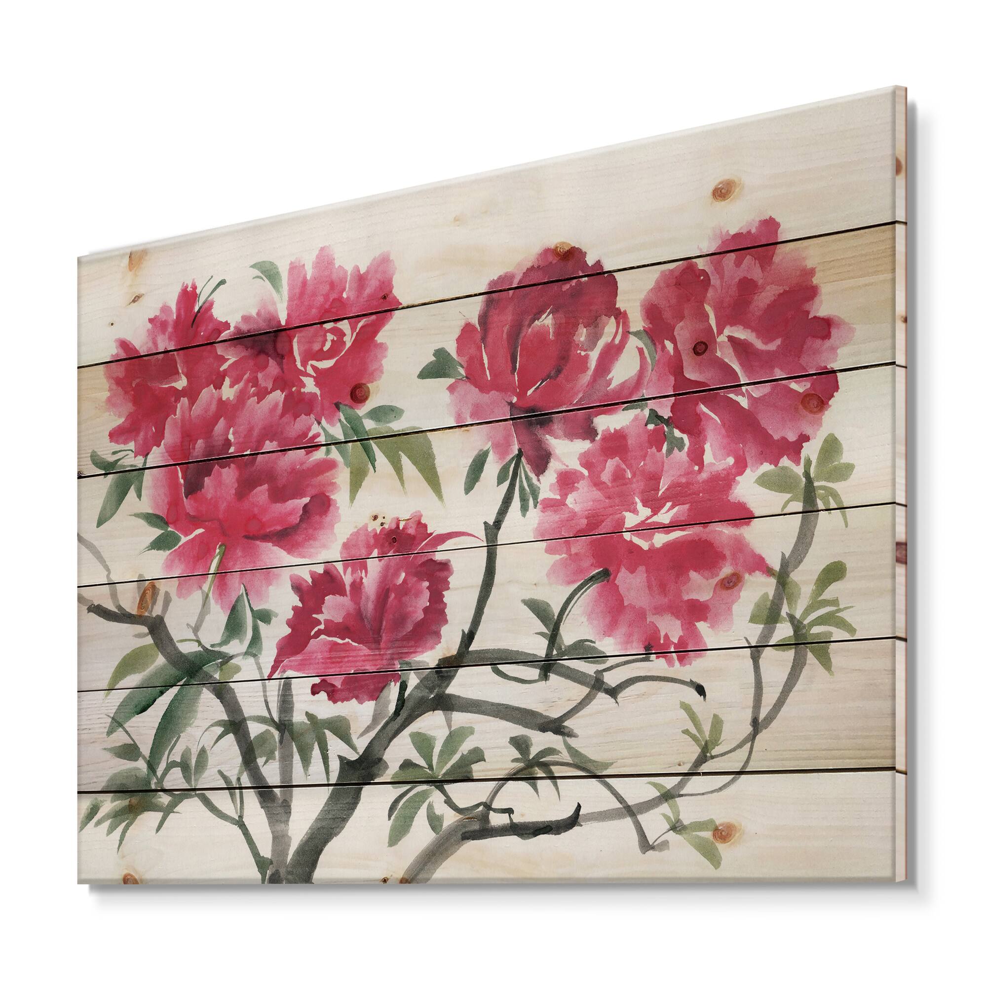 Designart - Vintage Purple Azalea Flower - Traditional Print on Natural Pine Wood