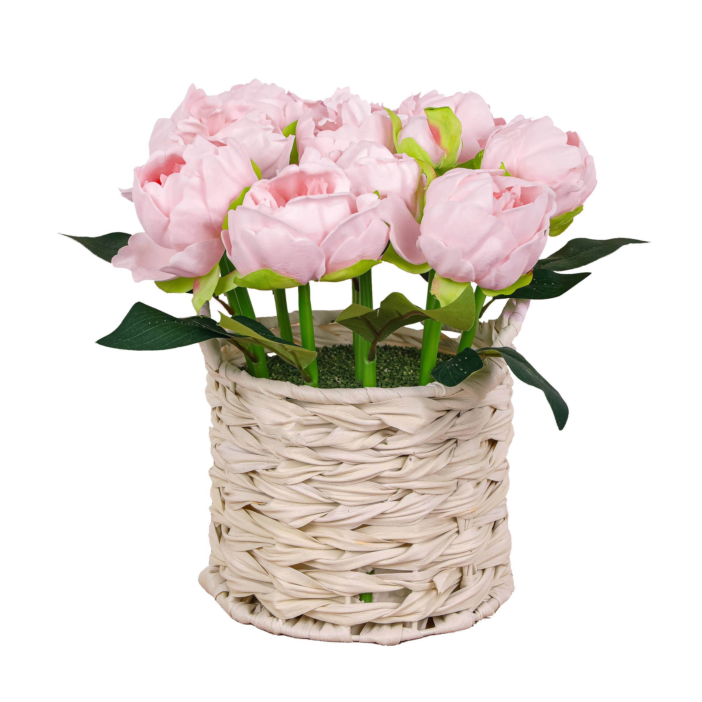 10" Peony Flower Bouquet In White Basket