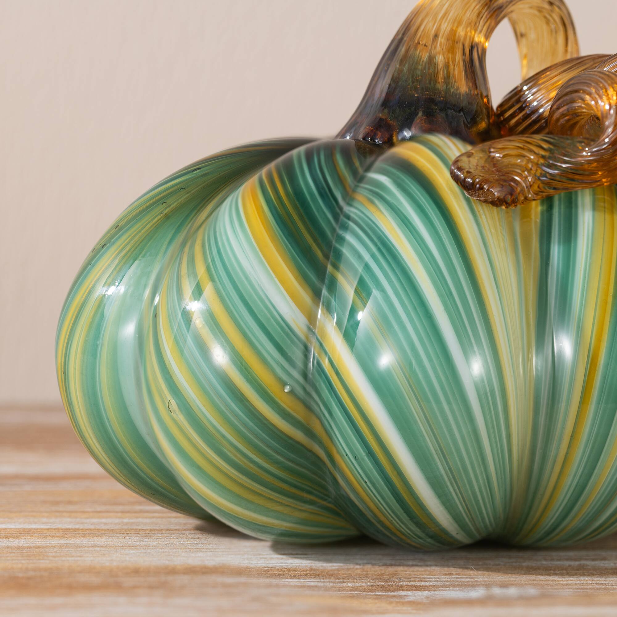 Glitzhome® 5.75" Multi Green Striped Glass Pumpkin Fall Table Decor