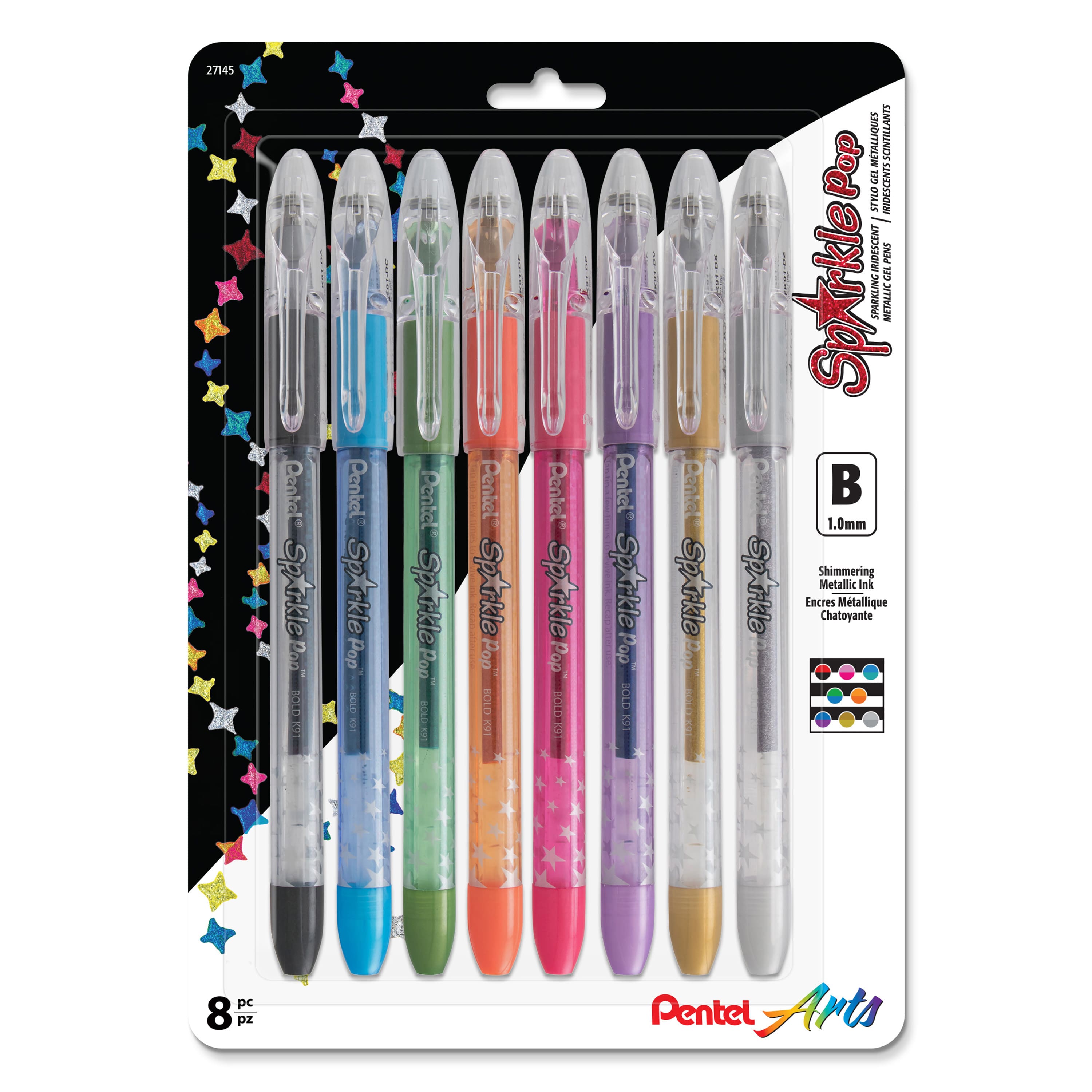 Pentel Arts Sparkle Pop 1.0mm 8 Color Metallic Gel Ink Pen Set