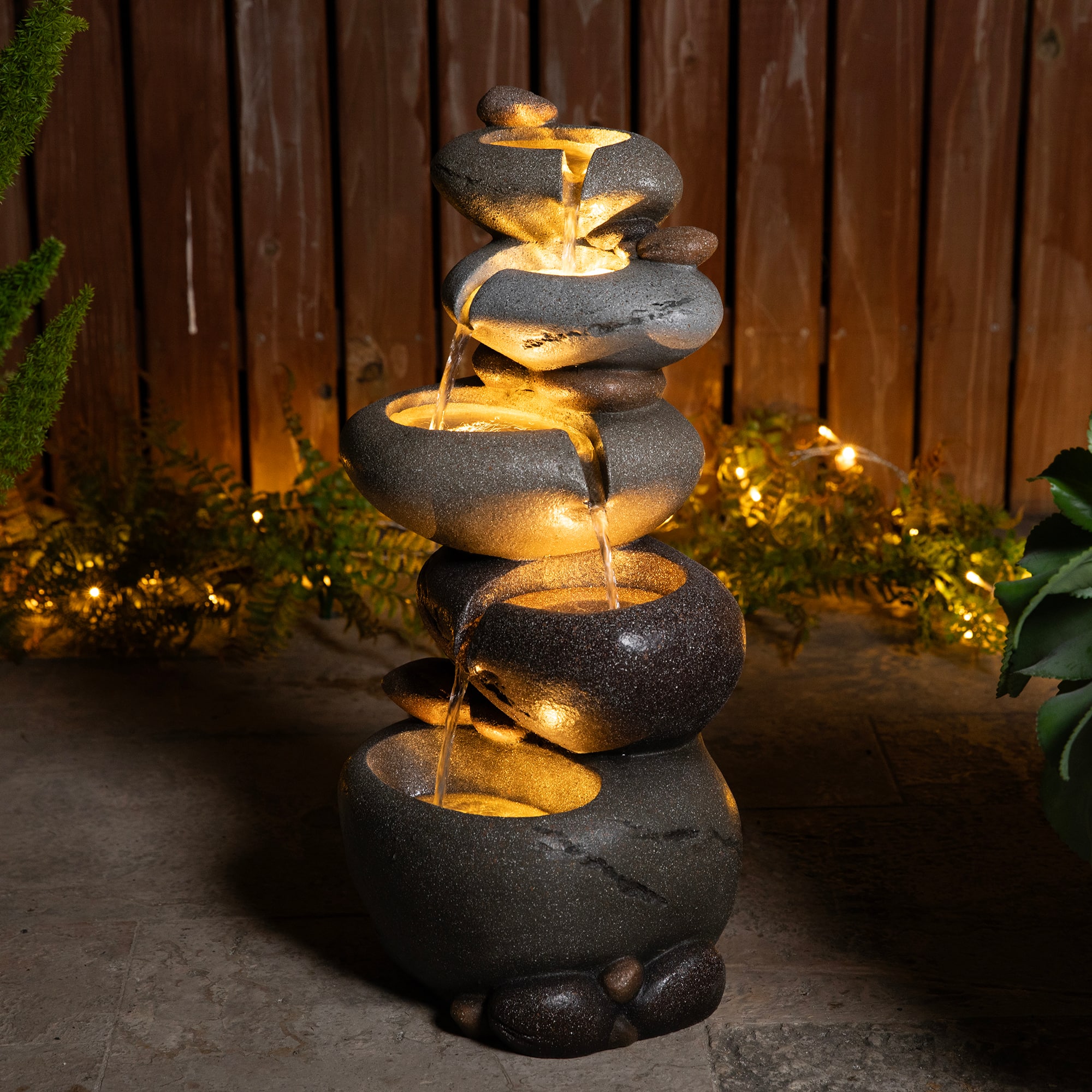 Glitzhome® 24.5" Zen-Style LED 5-Tier Stacked Pebbles Polyresin Outdoor Fountain