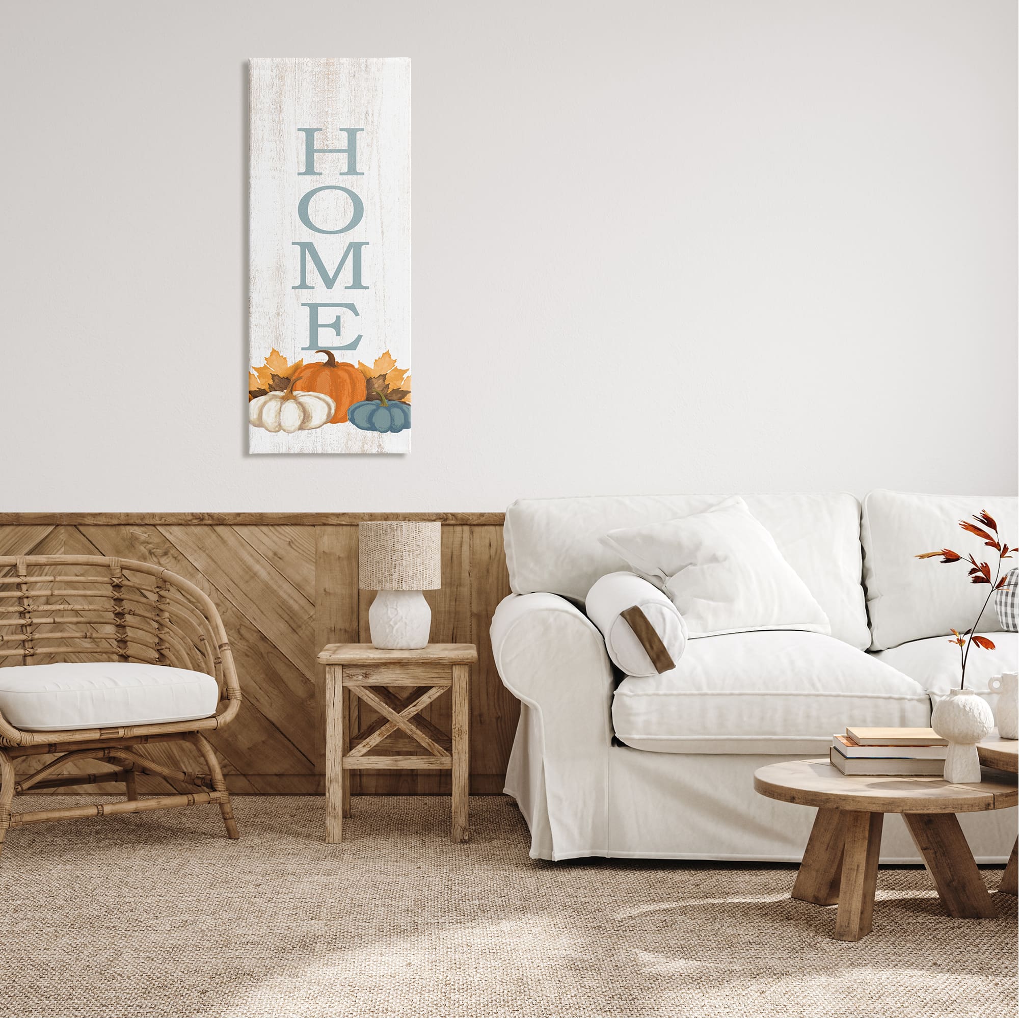 Stupell Industries Autumnal Pumpkin Leaves Home Sign Canvas Wall Art