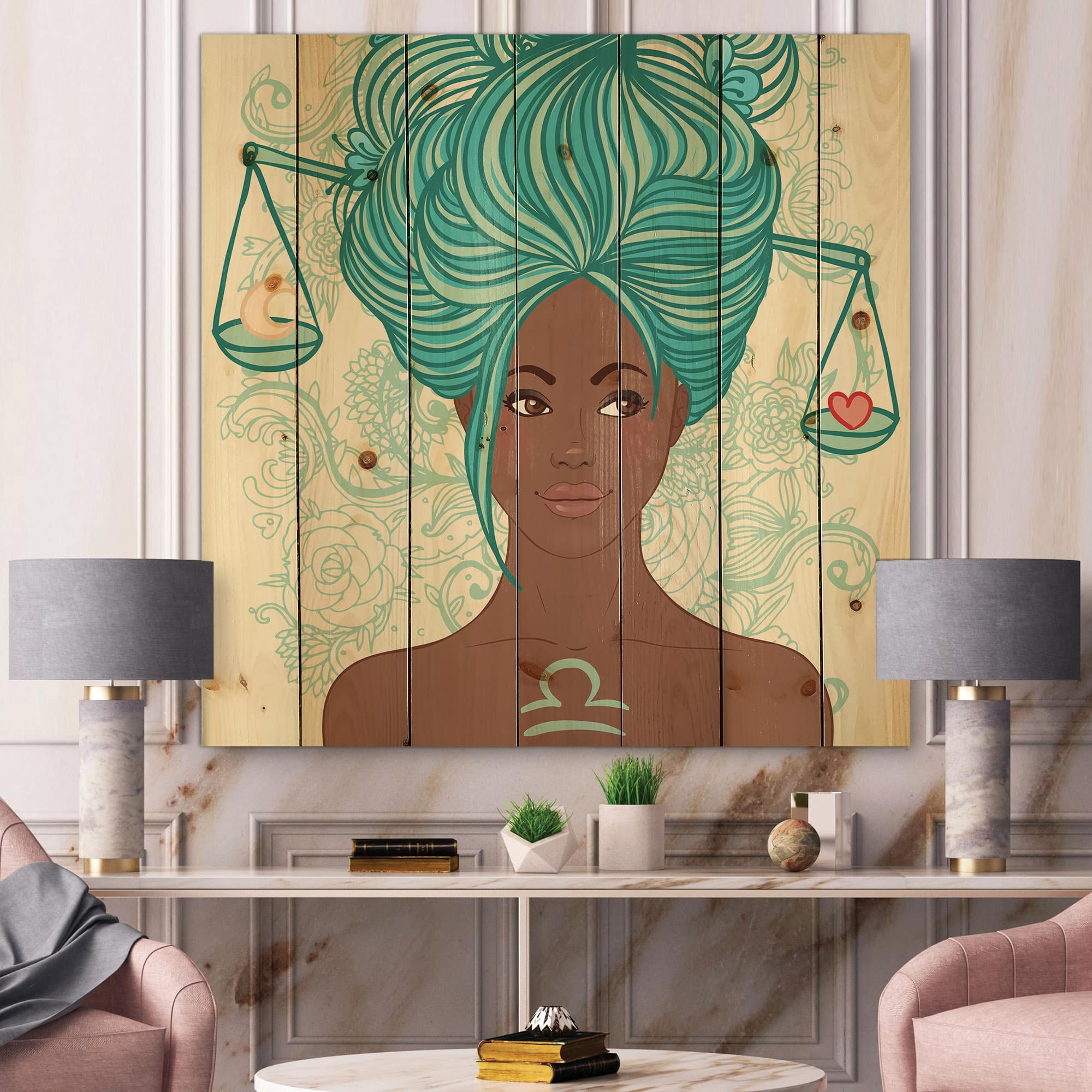 Designart - Portrait of Afro American Woman With Blue Hair I - Modern Print on Natural Pine Wood
