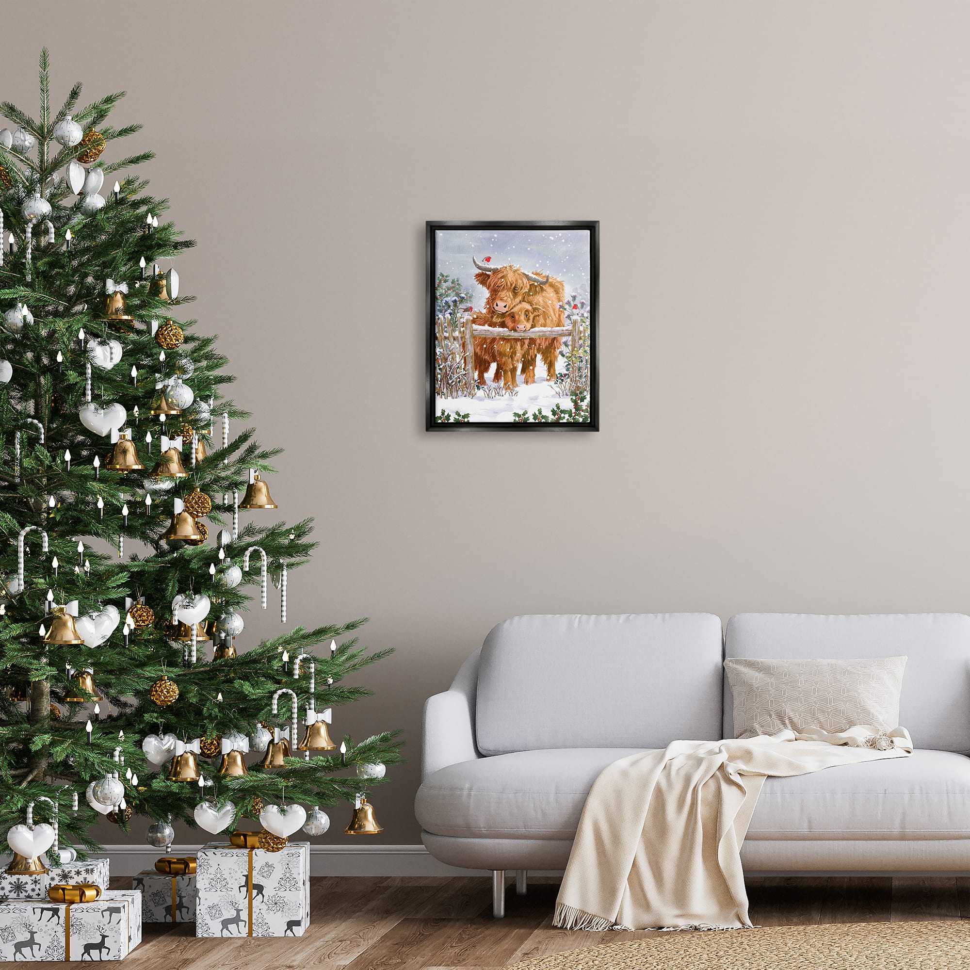 Stupell Industries Winter Cattle Cuddling Snow Scene Framed Floater Canvas Wall Art