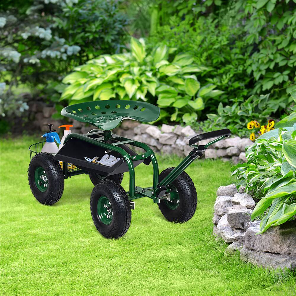Costway Green & Black Garden Cart Rolling Work Seat with Tray Basket Extendable Handle
