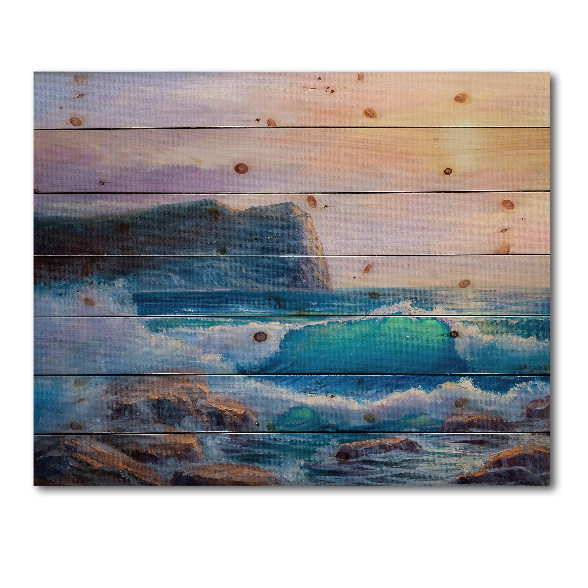 Designart - Blue Waves Breaking At The Beach III - Nautical & Coastal Print on Natural Pine Wood
