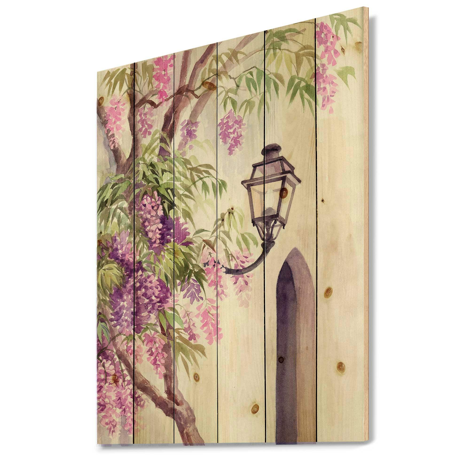 Designart - Wisteria and Lantern - Traditional Print on Natural Pine Wood