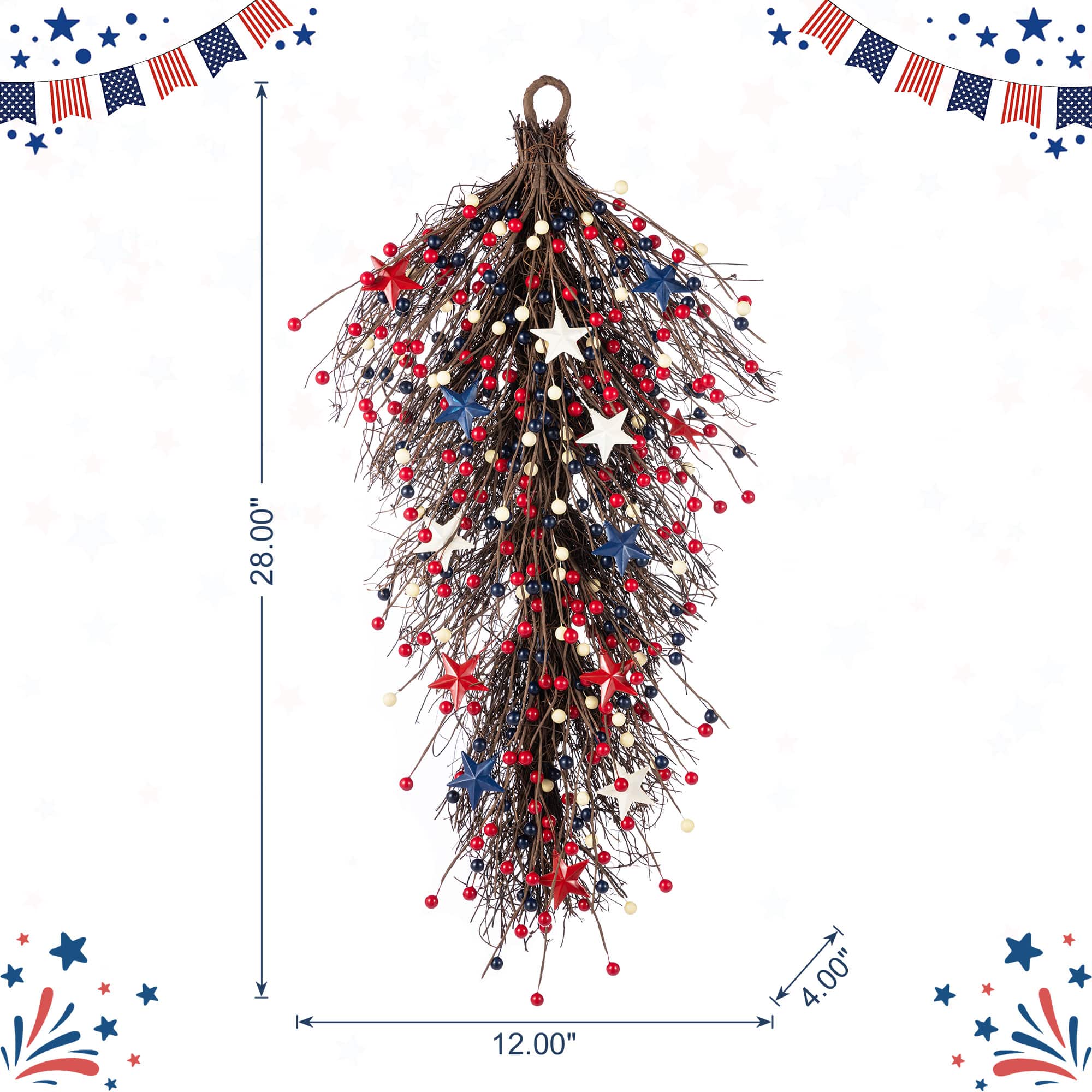 Glitzhome® 28" Patriotic Americana Stars and Berry Teardrop