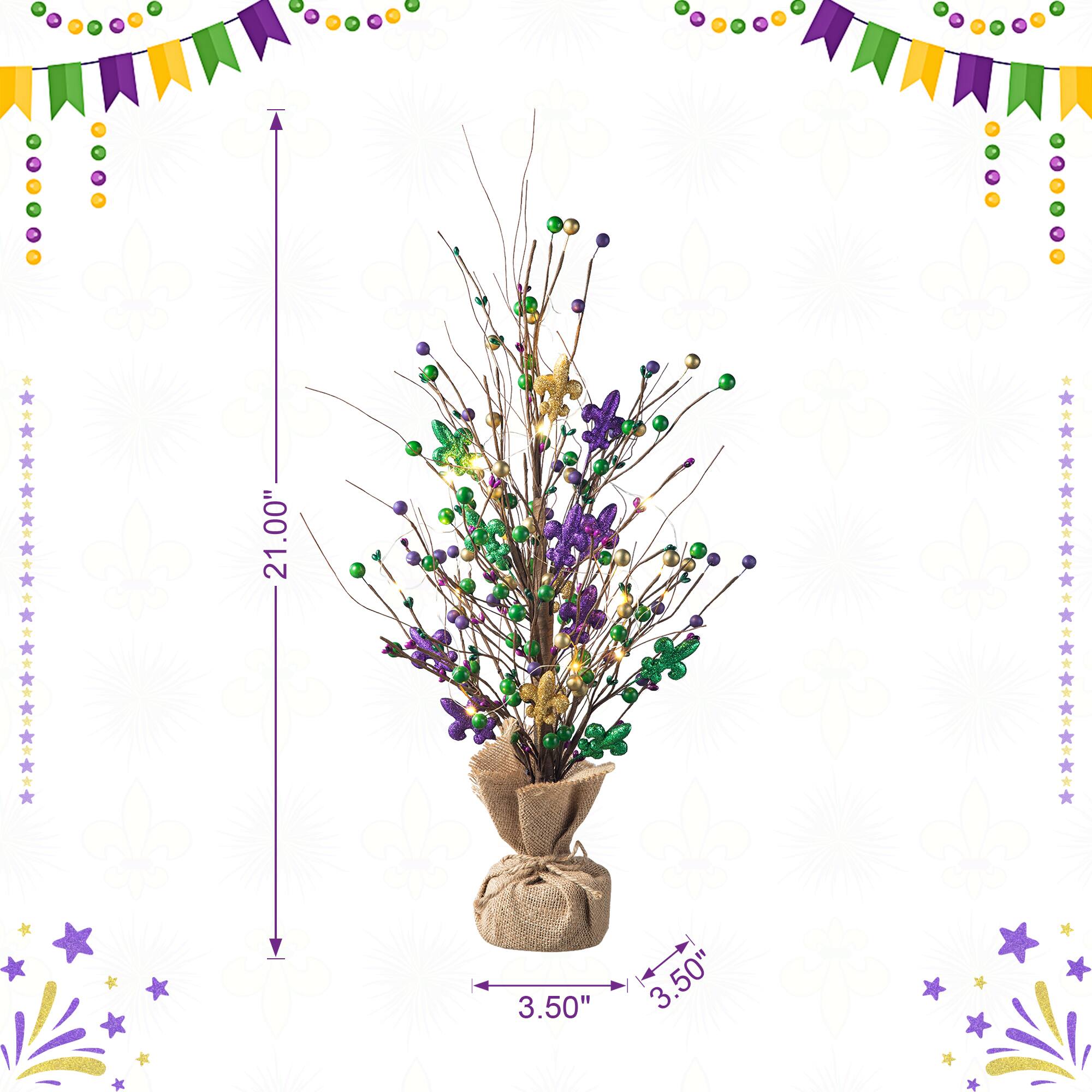 Glitzhome® 21" Lighted Mardi Gras Fleur-de-Lis & Berry Table Tree