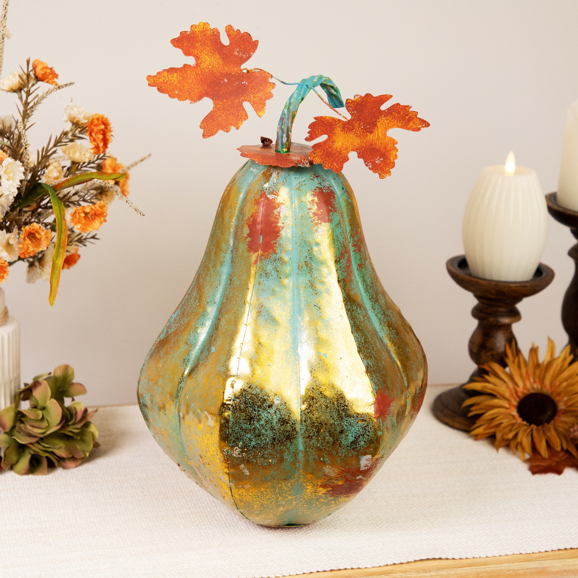 14" Orange & Green Elongated Autumn Pumpkin Tabletop Décor