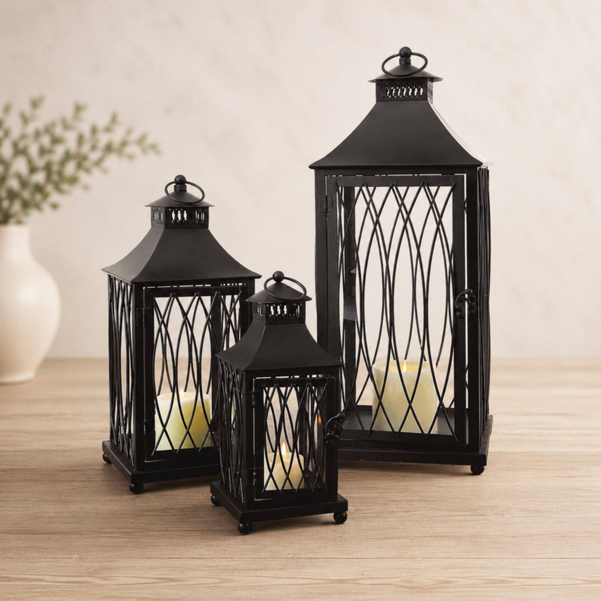 Contemporary Black Metal Lantern Set, 11", 16" & 23"