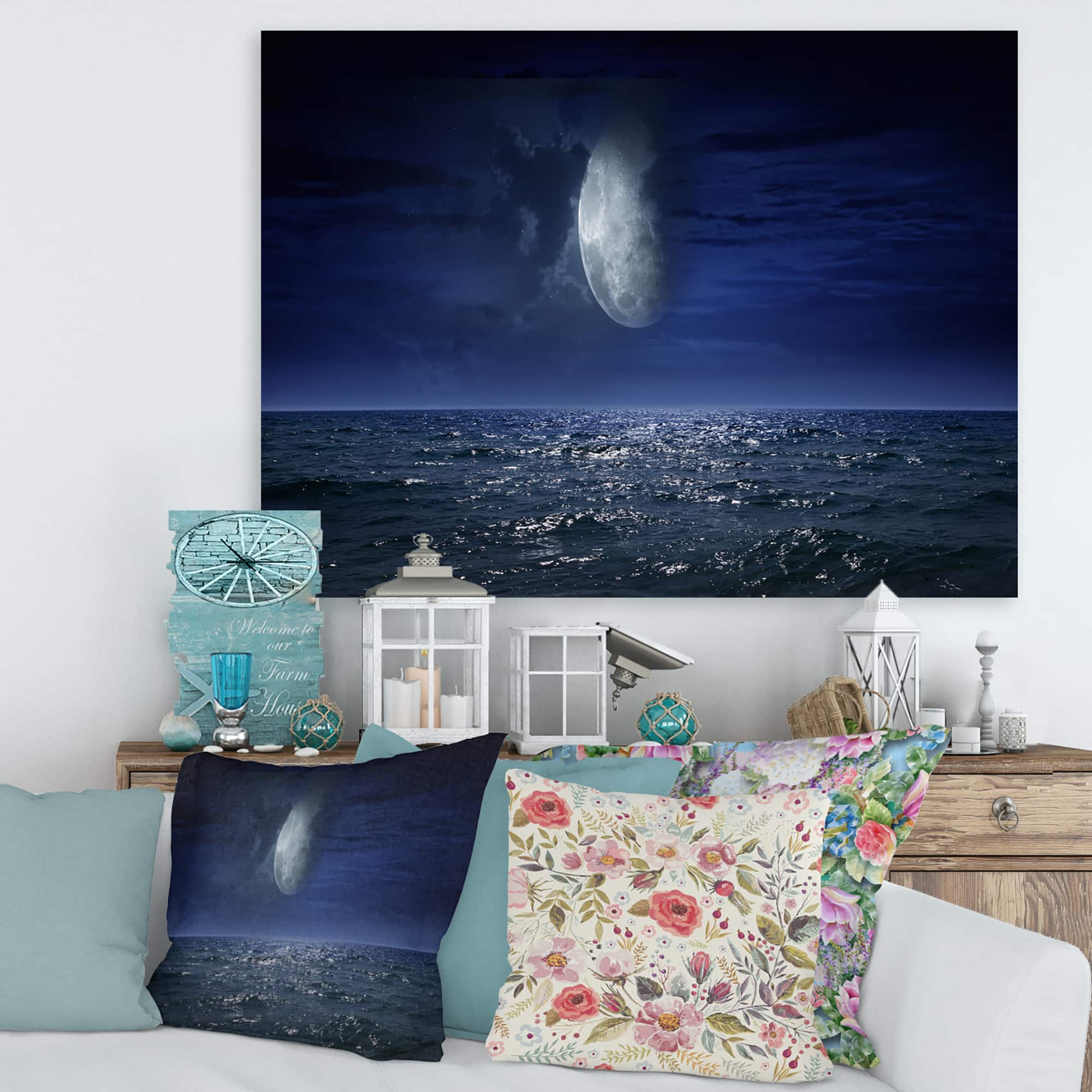 Designart - Full Moon Over Dark Ocean At Night - Nautical & Coastal Canvas Wall Art Print