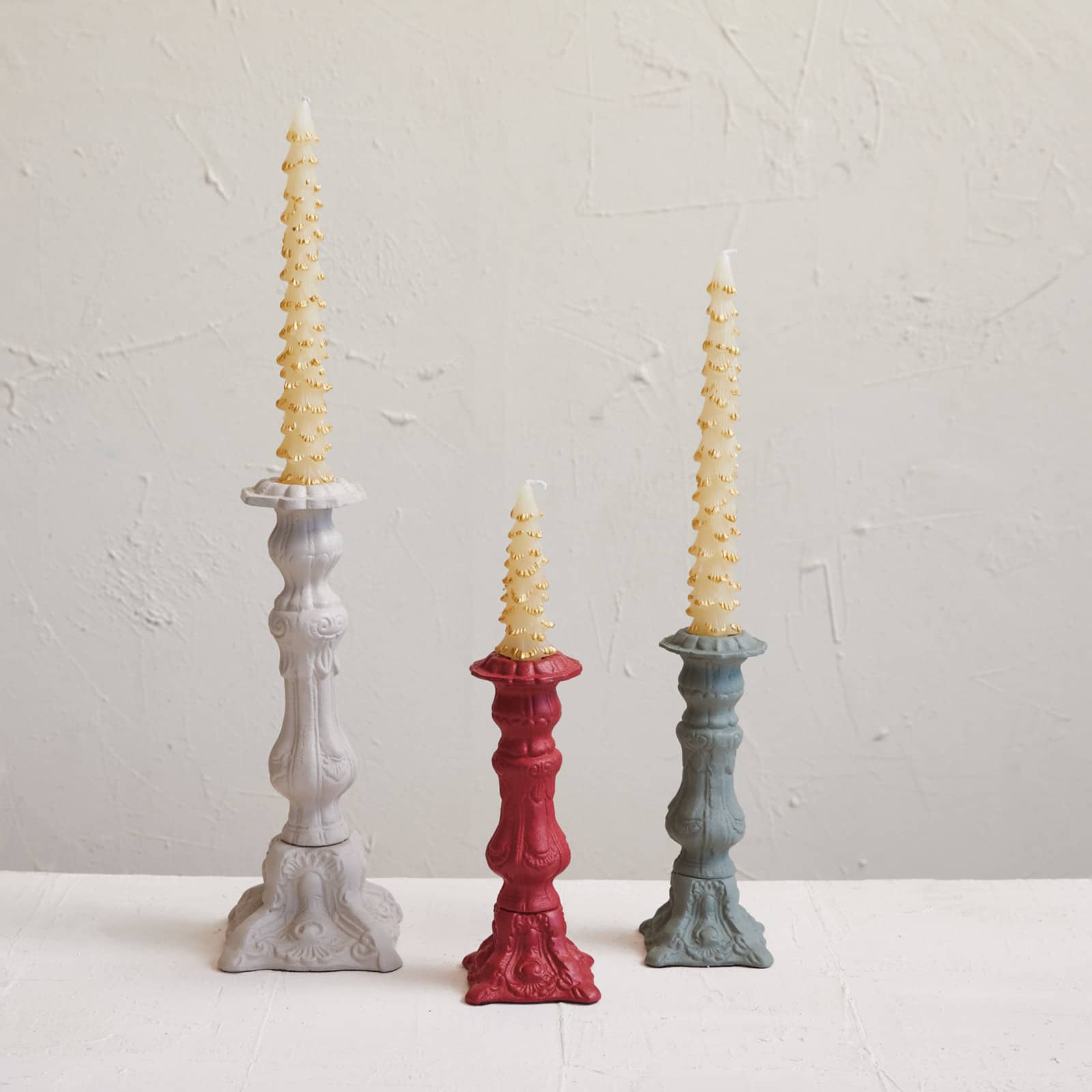 Hello Honey® 12" Gray Embossed Cast Aluminum Taper Candleholder