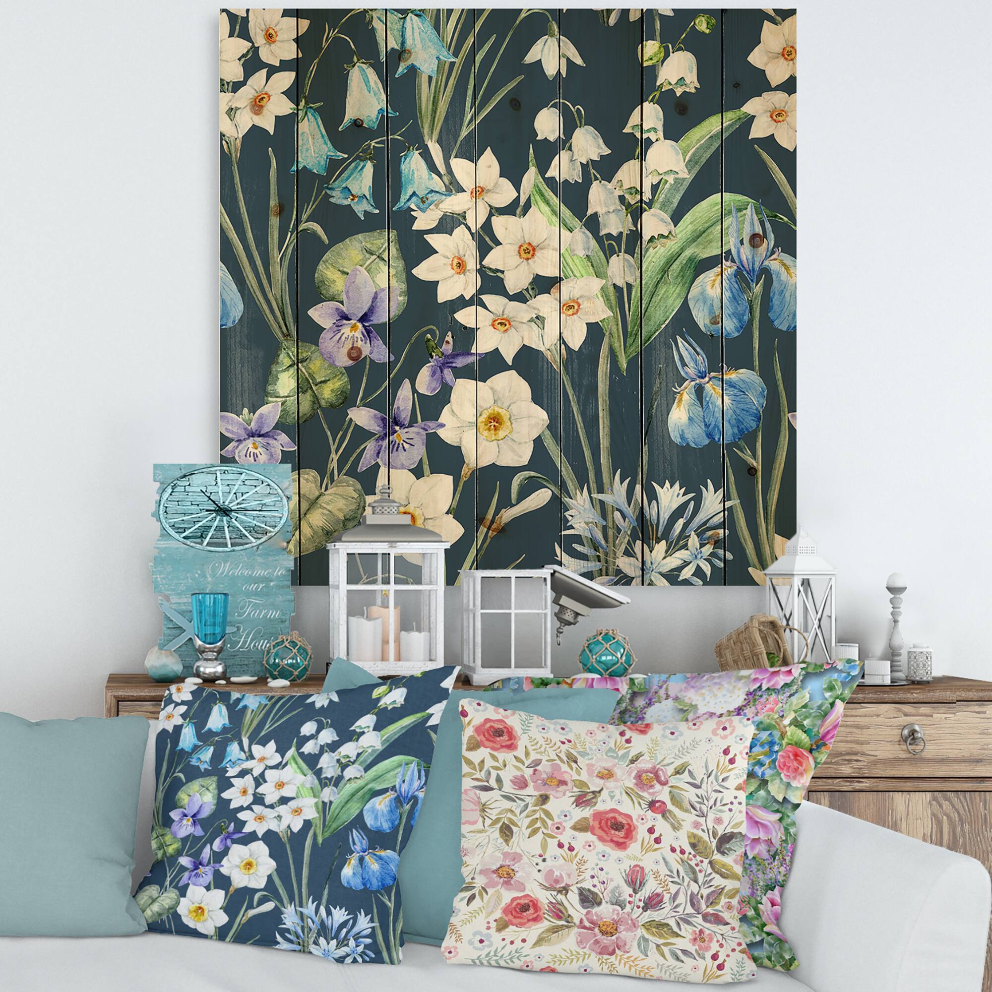 Designart - White and Blue Spring Flowers On Dark Blue - Traditional Print on Natural Pine Wood