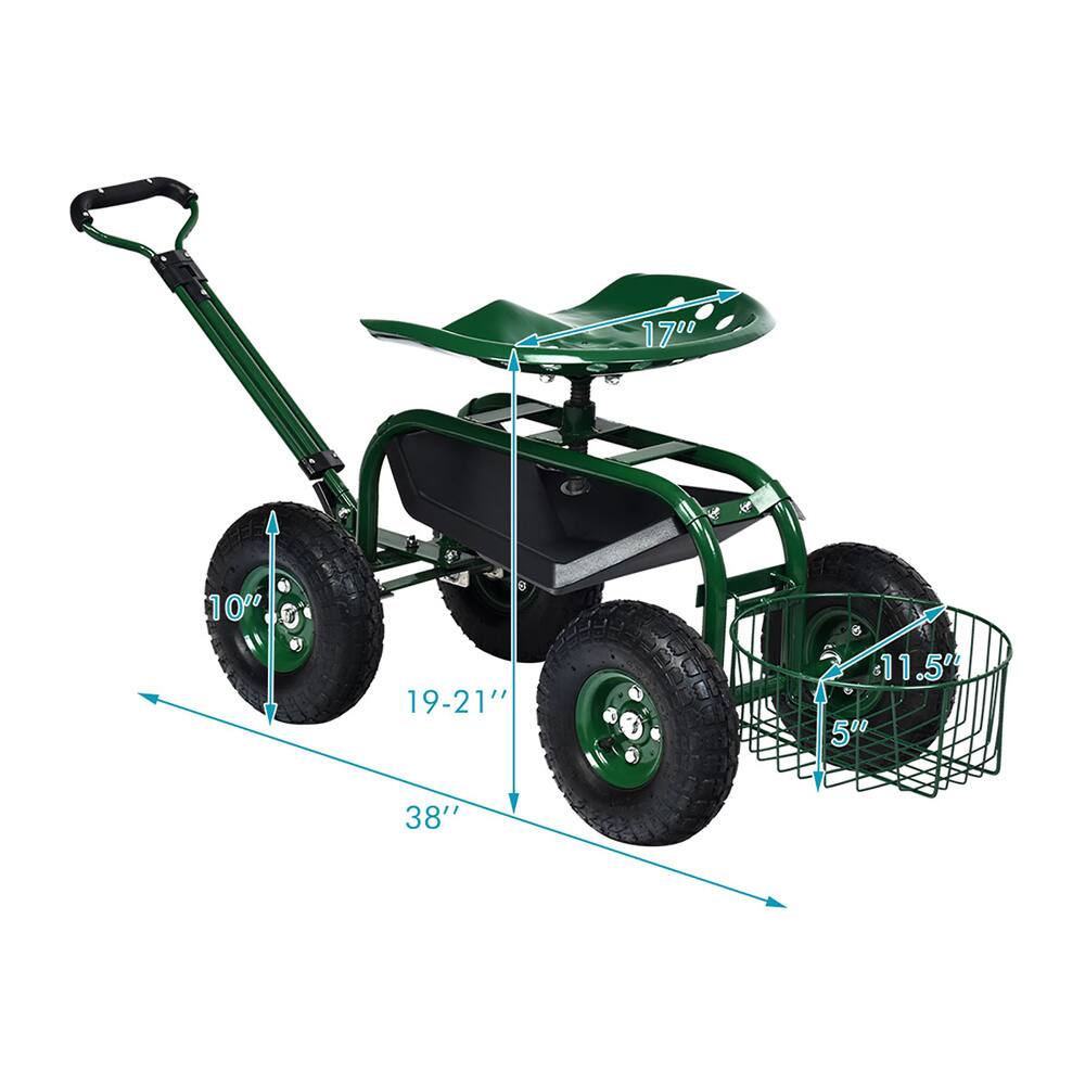Costway Green & Black Garden Cart Rolling Work Seat with Tray Basket Extendable Handle