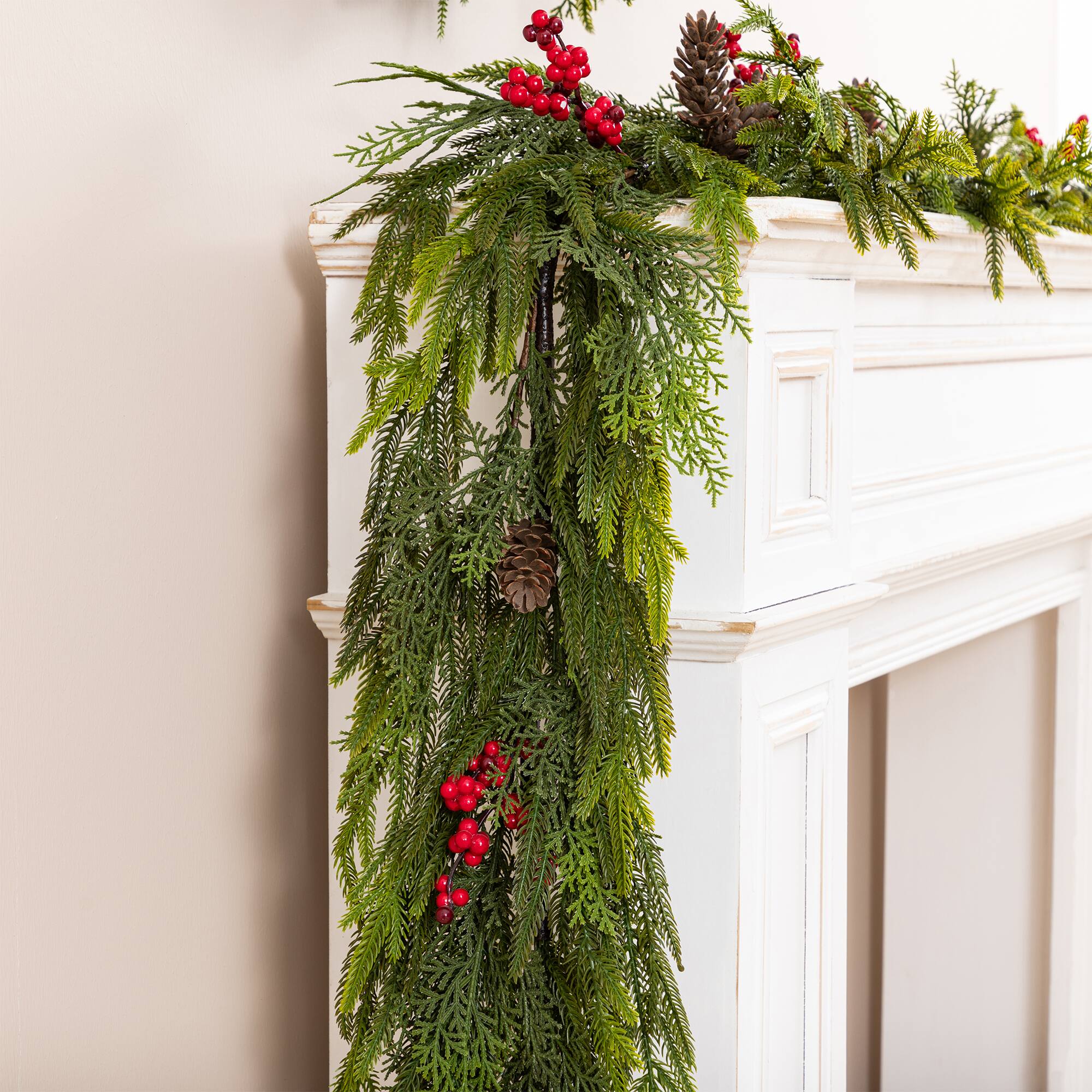 Glitzhome® 18ft. Christmas PE Dripping Garland with Pinecones and Red Berries, Set of 2
