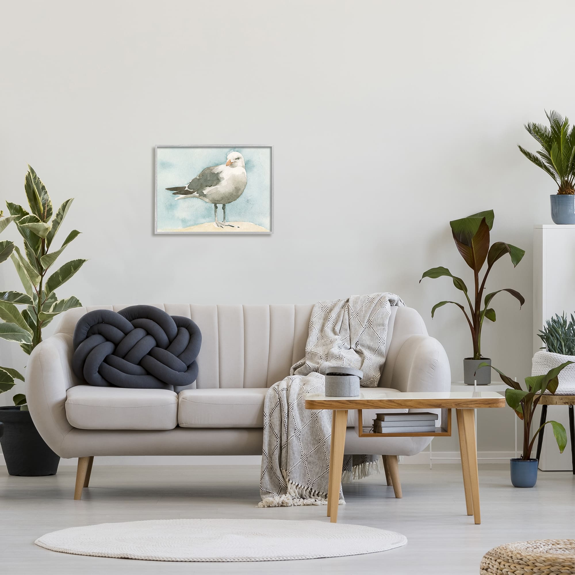 Stupell Industries Soft Focus Seagull On Waterfront Beige Blue in Gray Frame Wall Art