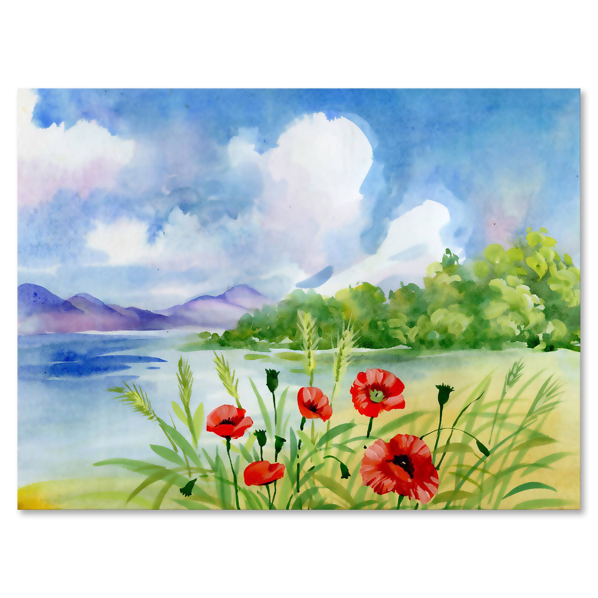 Designart - Red Tulips On The Bank Near A Mountain River