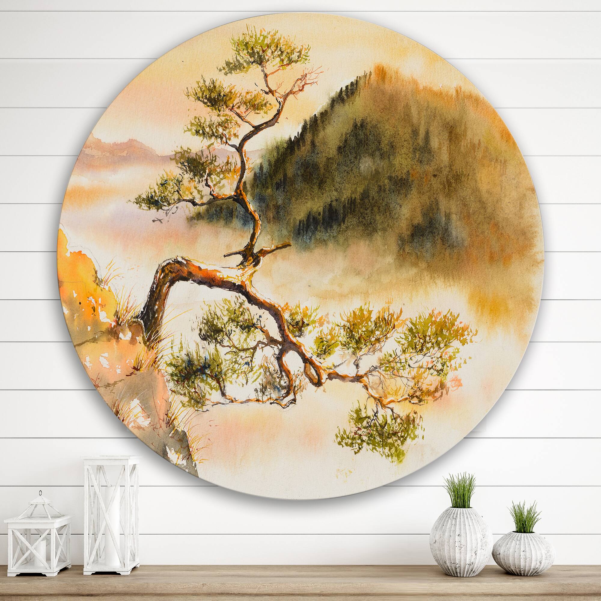 Designart - Curved Pine Tree On The Top of Sokolica Peak - Traditional Metal Circle Wall Art
