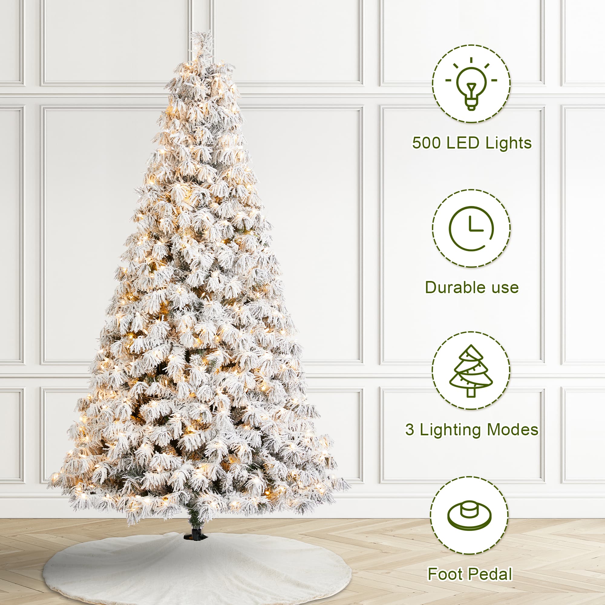 Glitzhome® 7.5ft Pre-Lit Flocked Full Spruce Artificial Christmas Tree, Warm White LED Lights