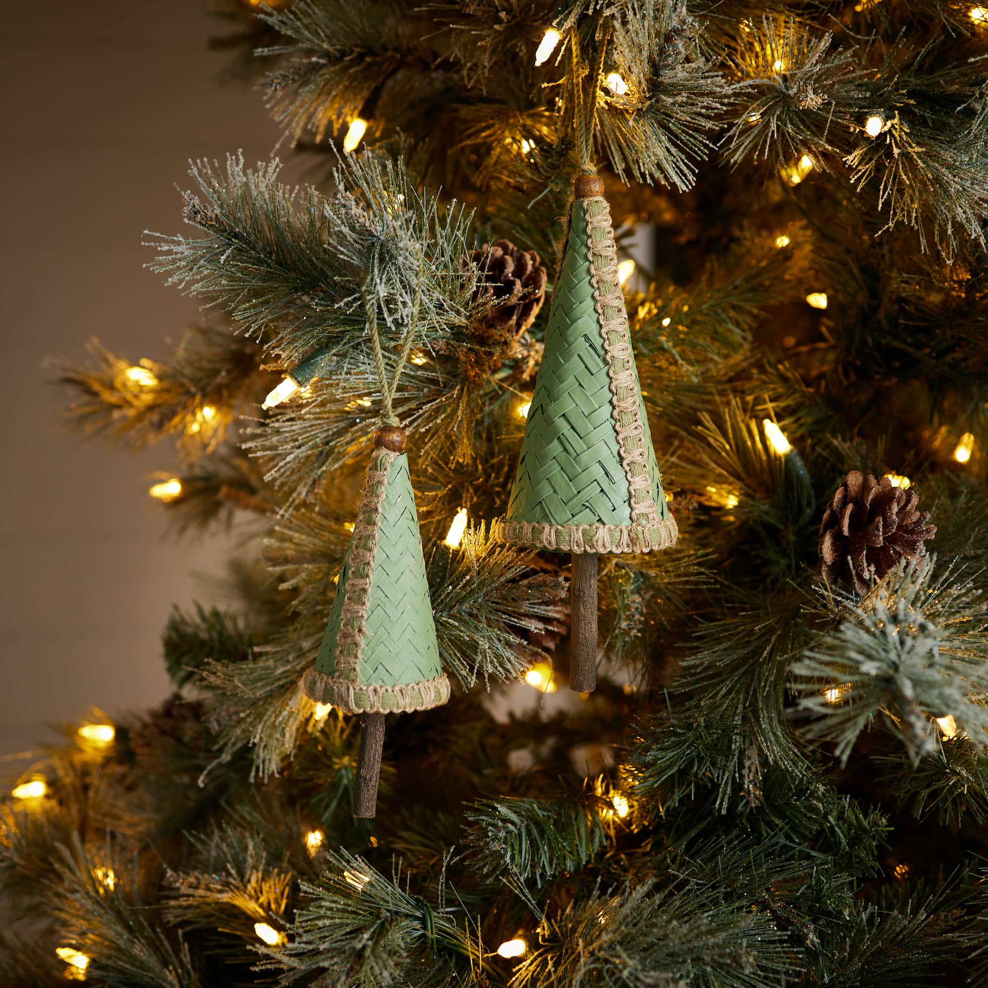 Woven Bamboo Pine Tree Ornament, 4ct.