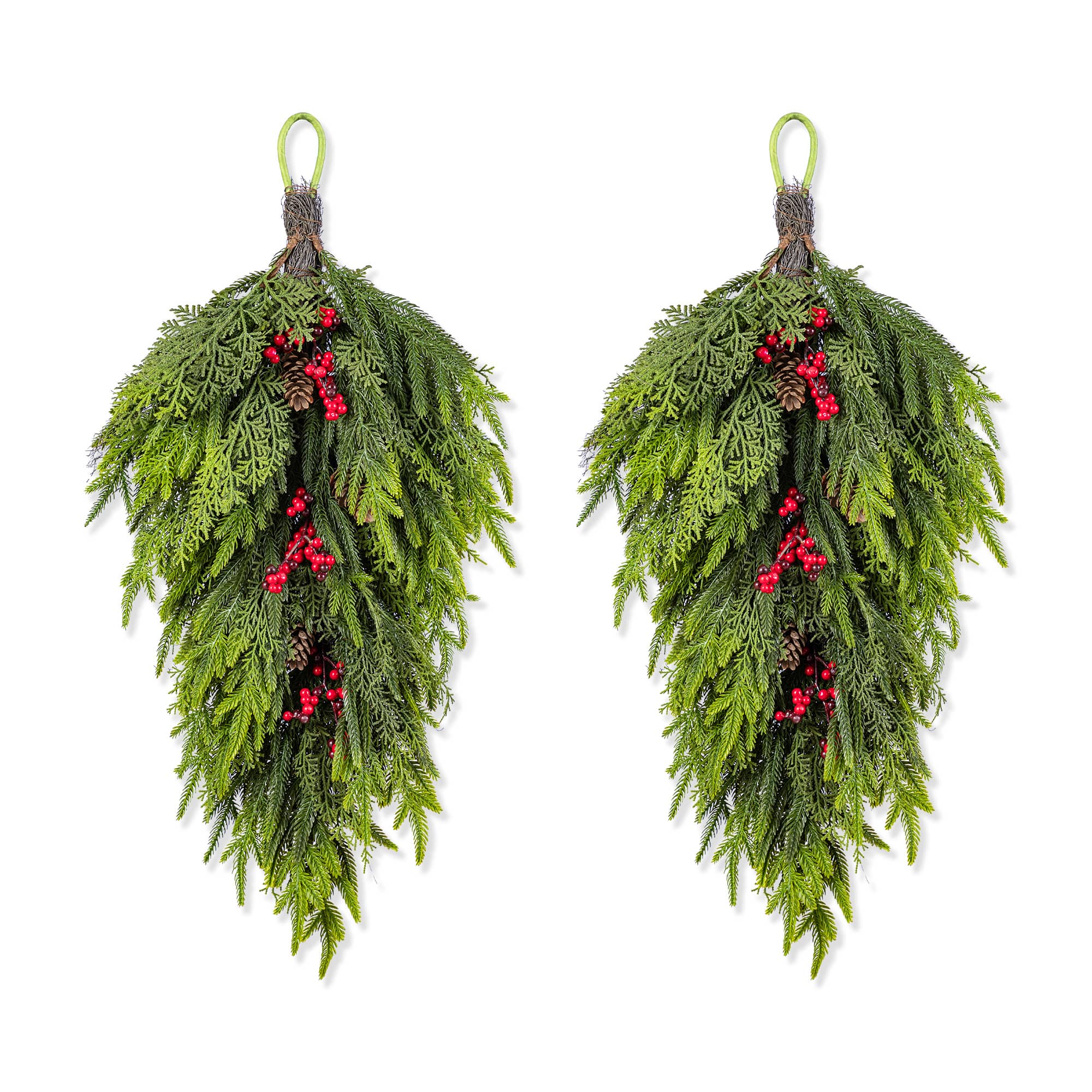 Glitzhome® 31.5" Christmas Greenery PE Dripping Teardrop with Pinecones and Red Berries,Set of 2