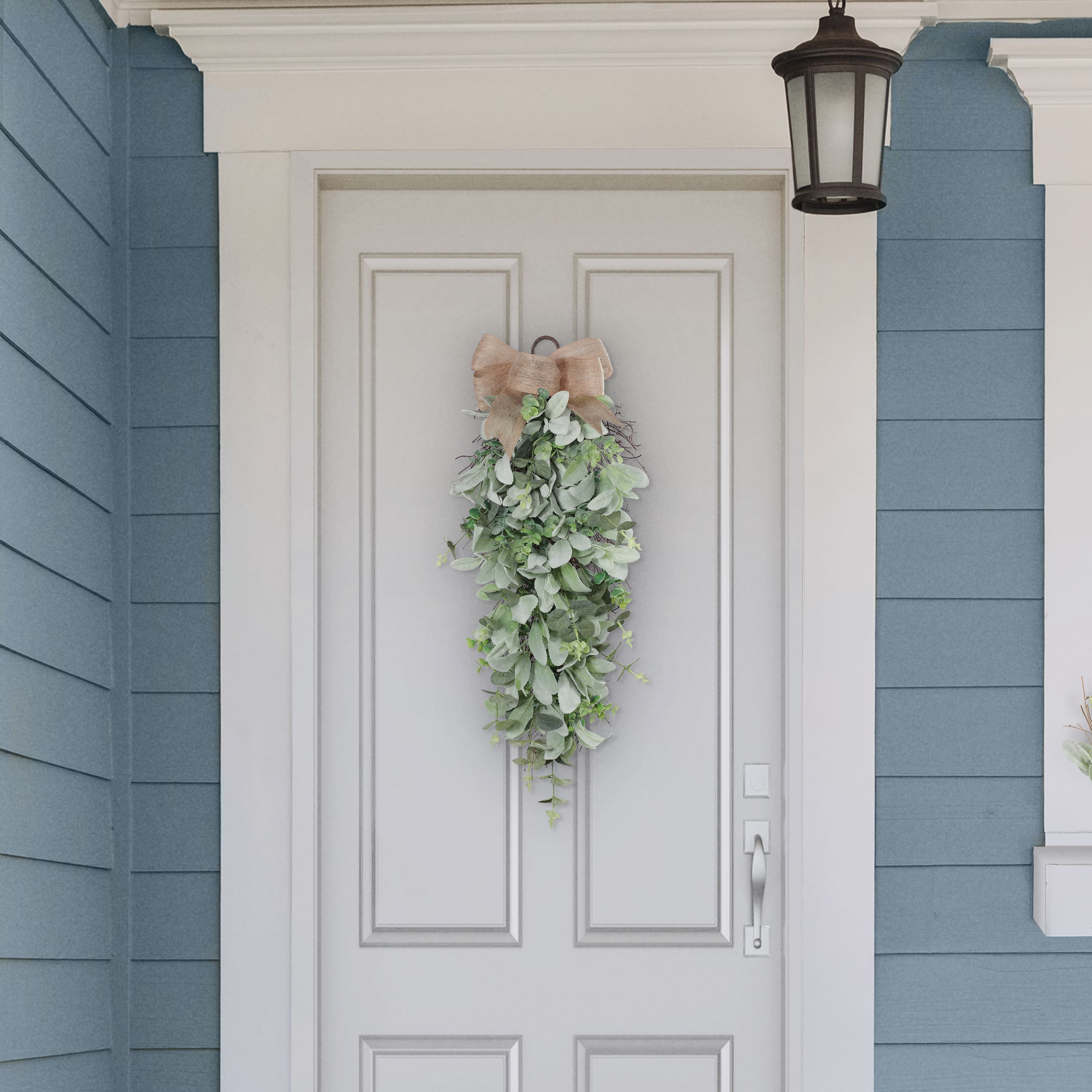 30" Lamb's Ear & Greenery Teardrop Swag with Bow