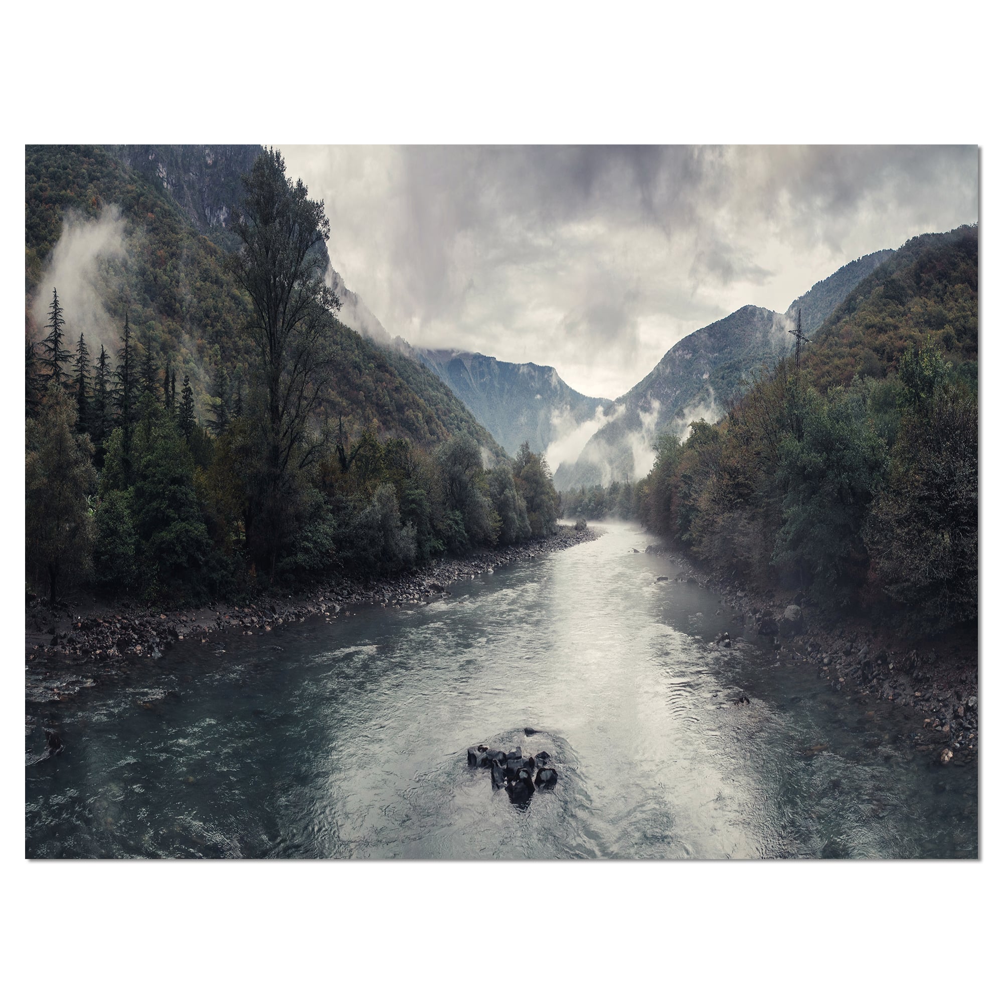 Designart - Mountain River with Fog and Rain