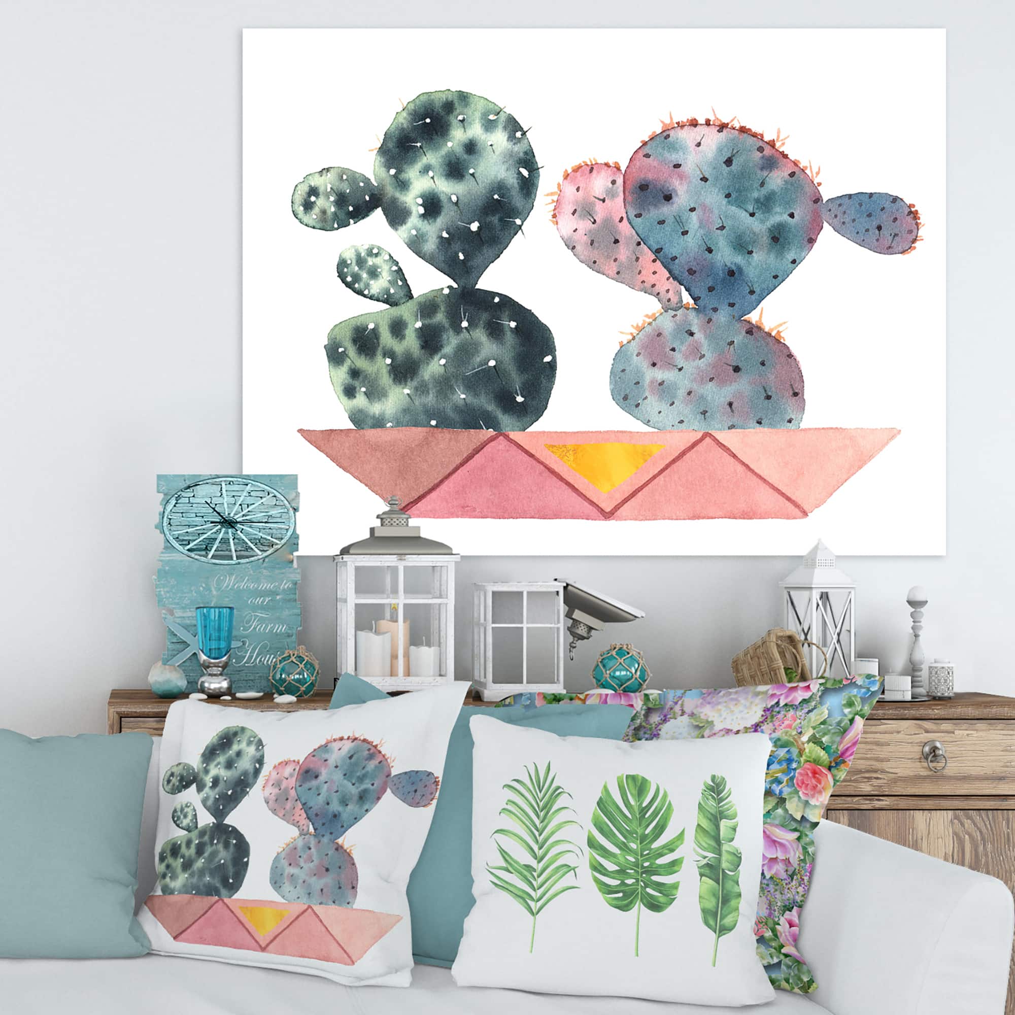 Designart - Cactus Duo In Pink Geometric Pots