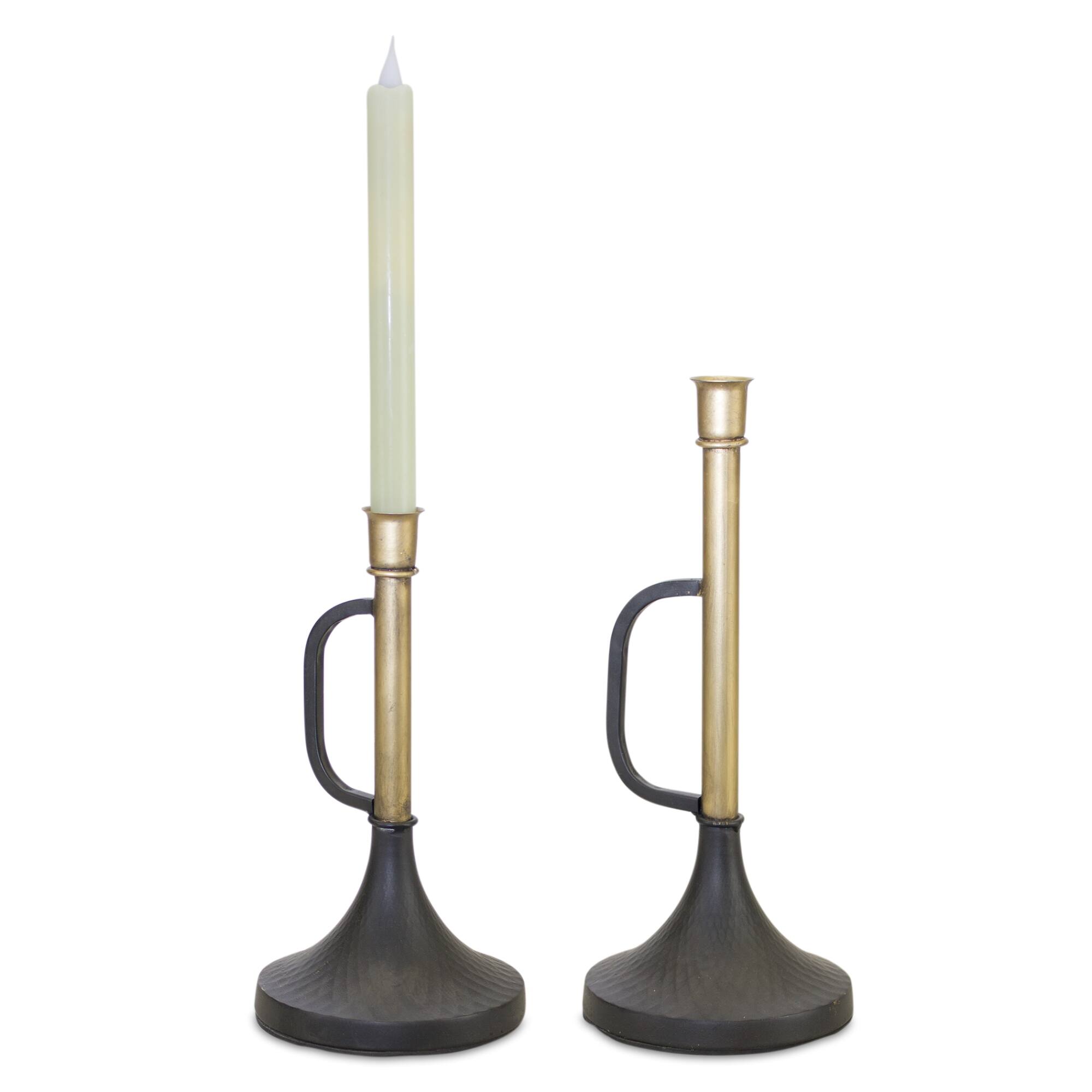 Black & Gold Metal Trumpet Taper Candle Holder Set