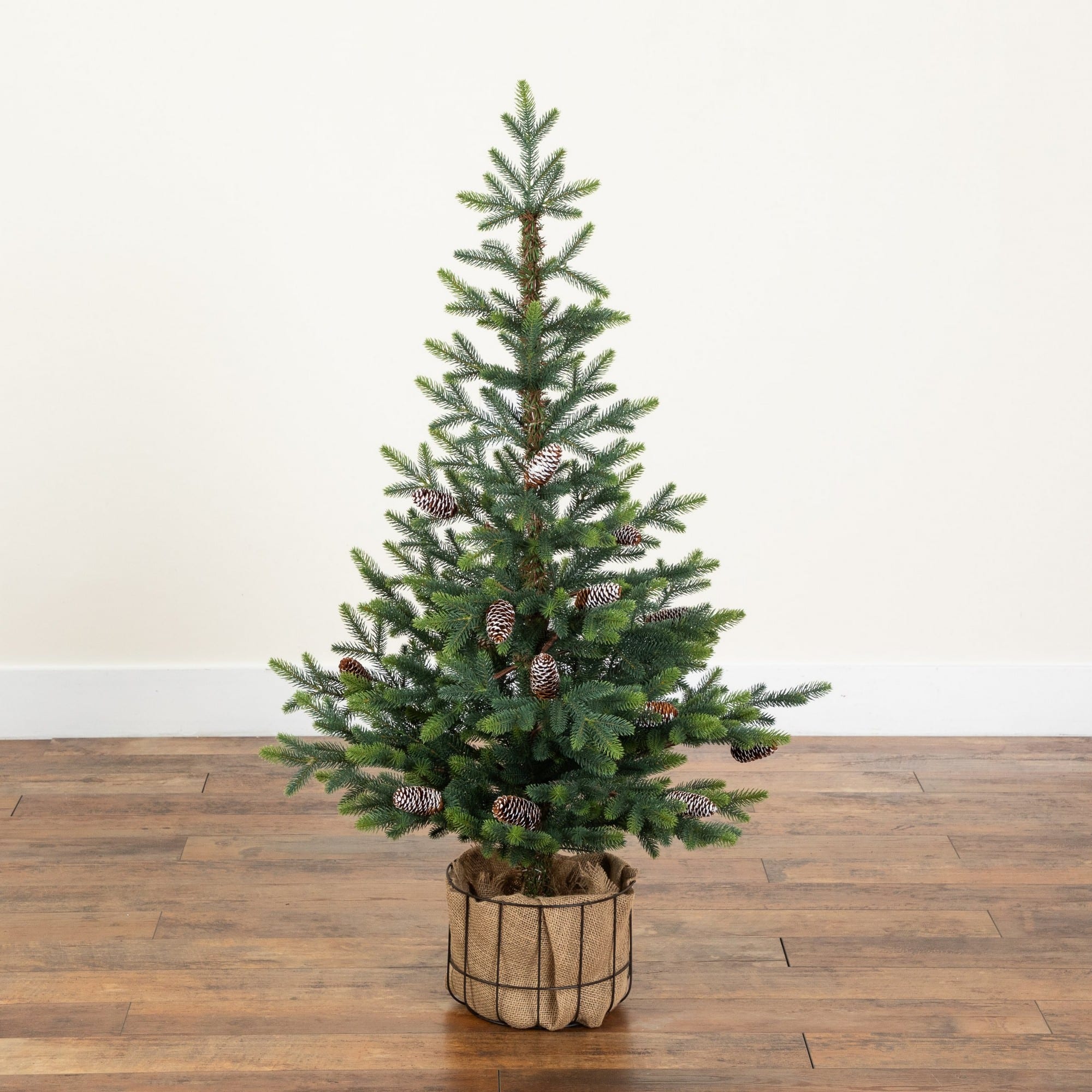 Nearly Natural 4ft. Unlit Artificial Balsam Fir Christmas Tree with Pinecones in Jute Wire Planter