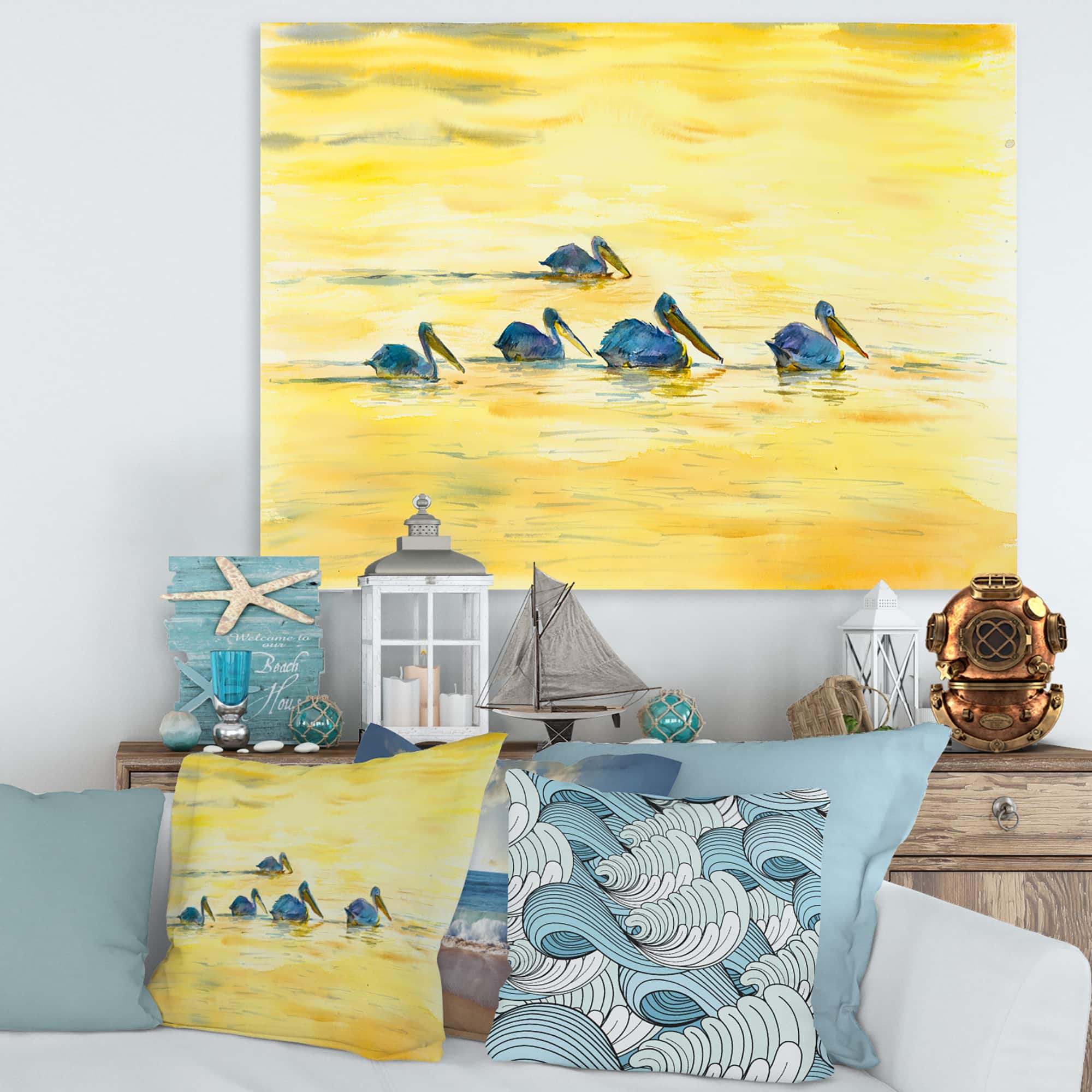 Designart - Pelicans On The Yellow River - Farmhouse Canvas Wall Art Print