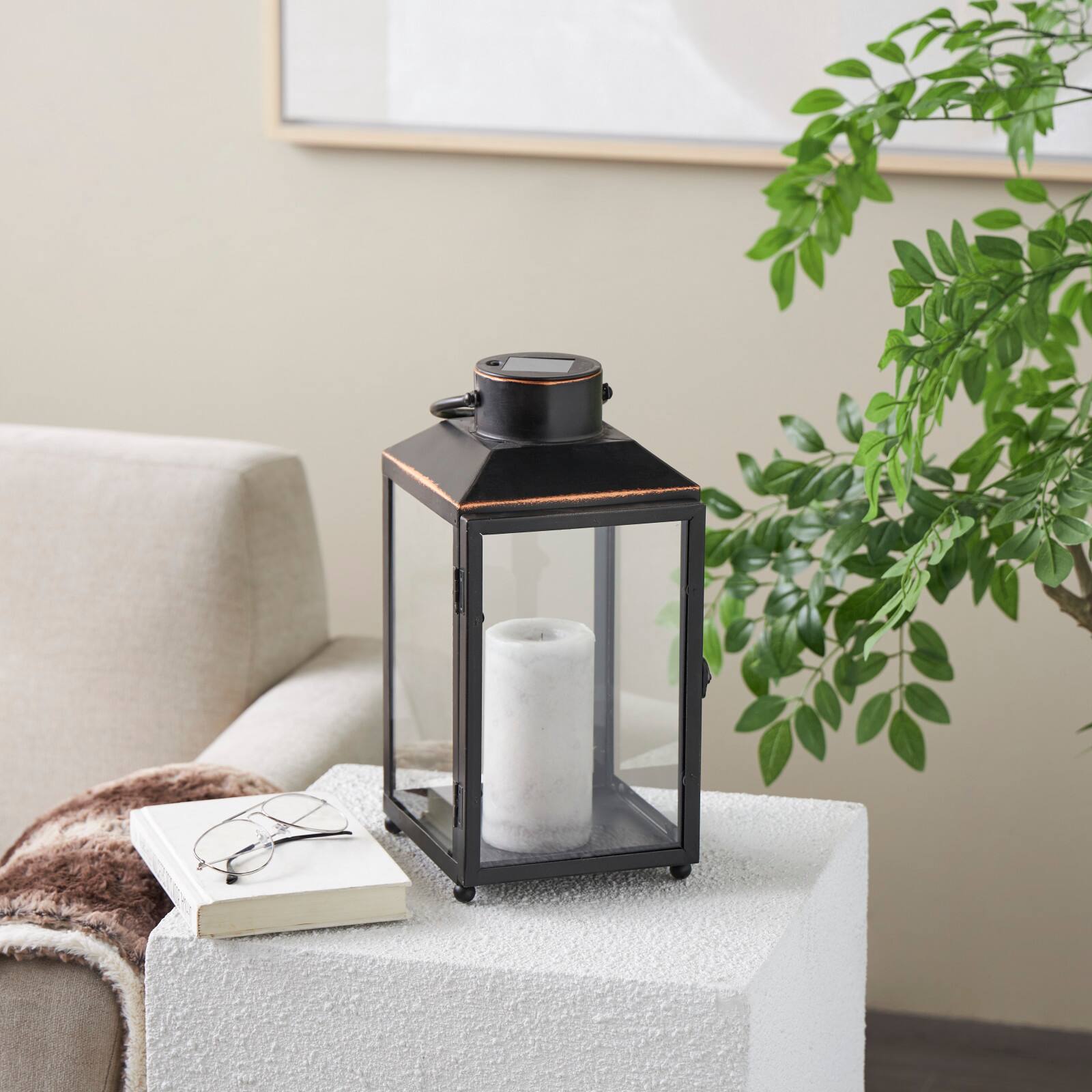 14" Black Metal Modern Candle Lantern with Gold Accents