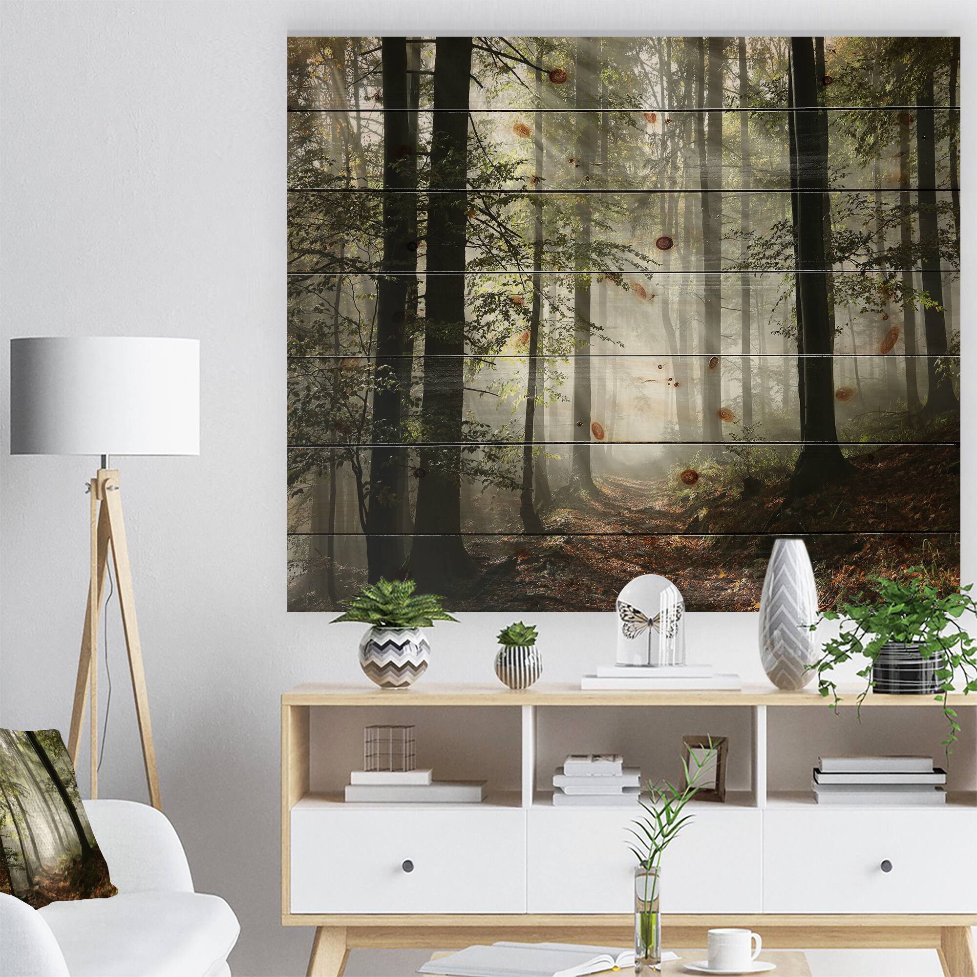 Designart - Light in Dense Fall Forest with Fog - Landscape Print on Natural Pine Wood
